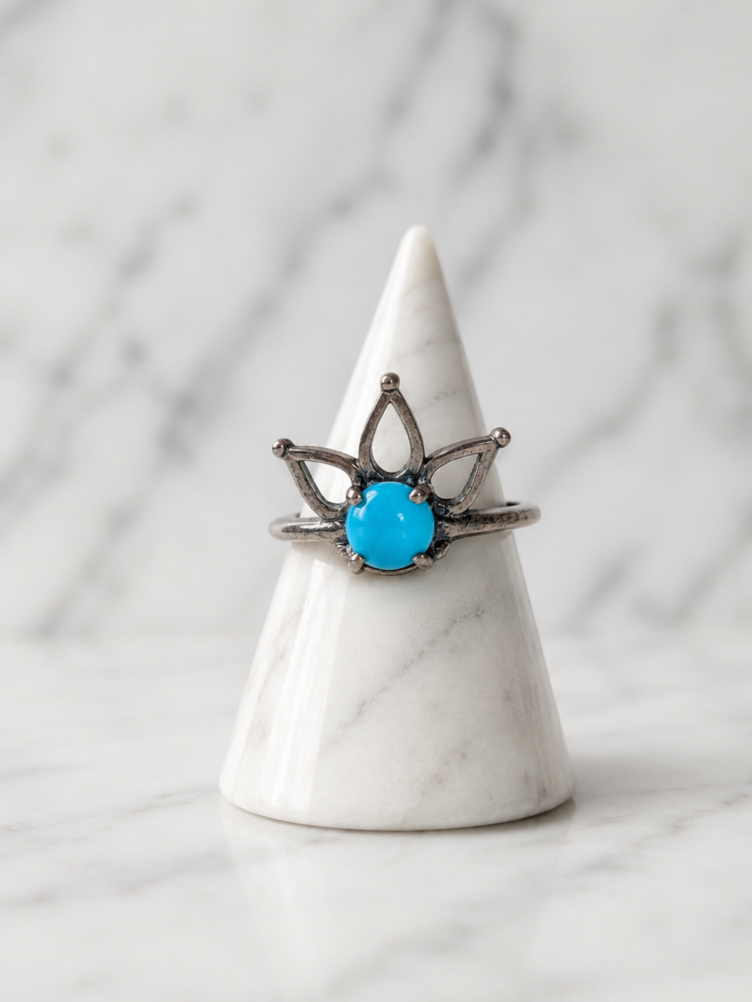 Kingman Turquoise Crowned Lotus Flower Sterling Silver Ring