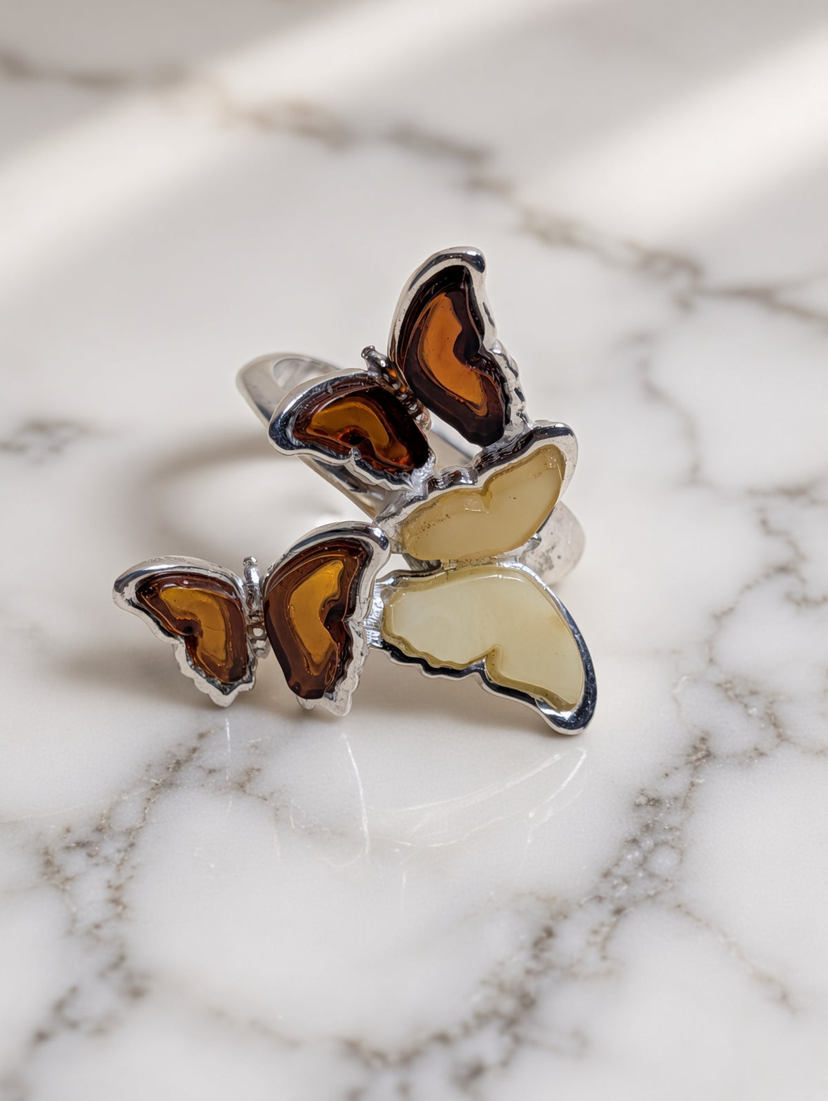 Handmade Butterfly Honey Cognac Cabochons & Sterling Silver Adjustable Ring