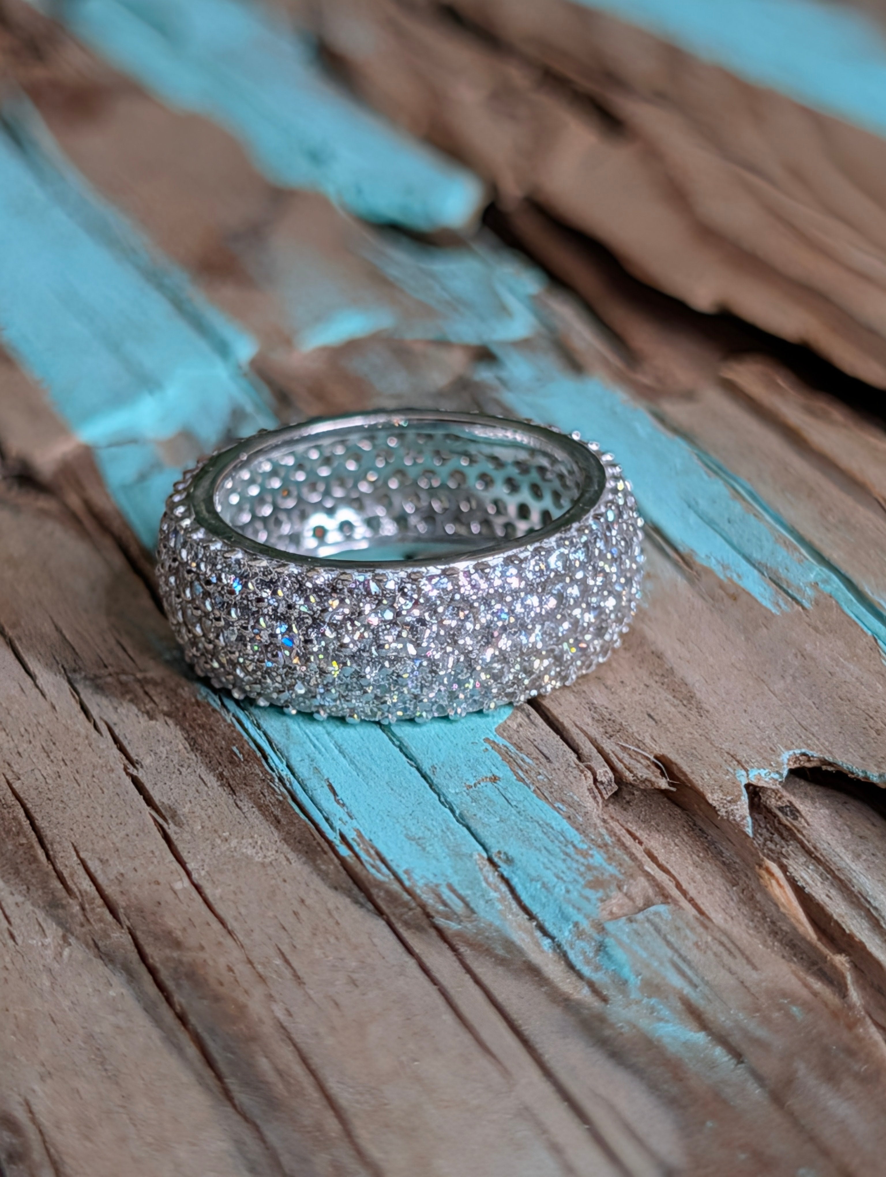 Sterling Silver CZ Fully Paved Stone Inlay Wide Band Ring Size 6.5