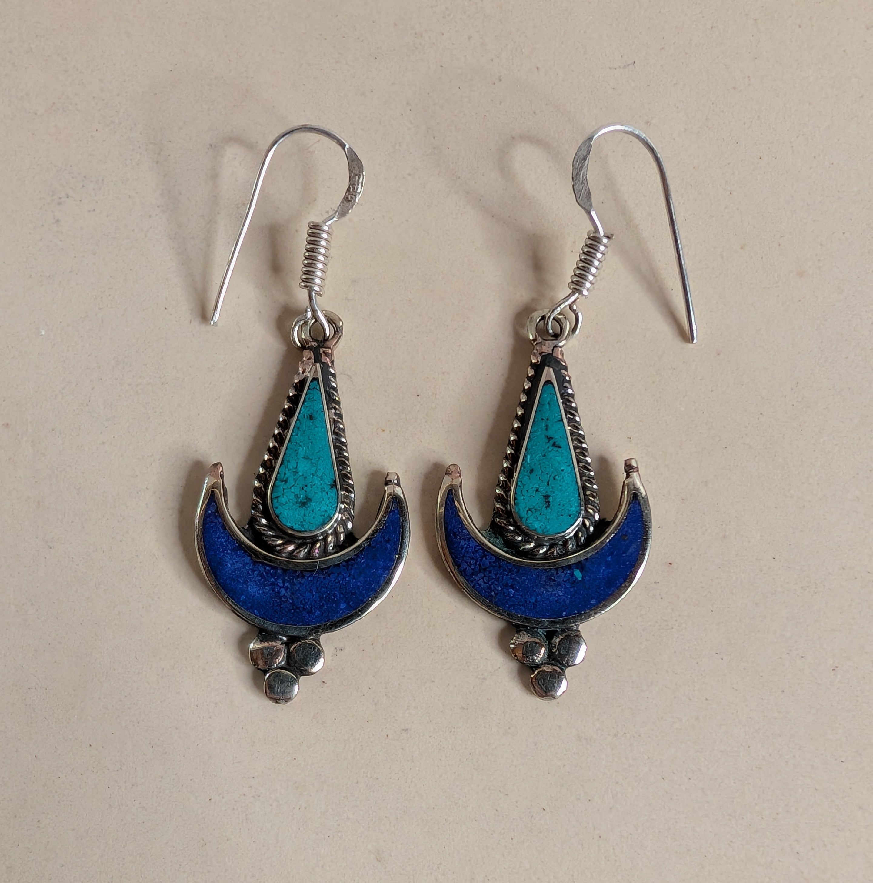 Turquoise & Lapis Crescent Moon Dangle Earrings – Southwest Boho Statement