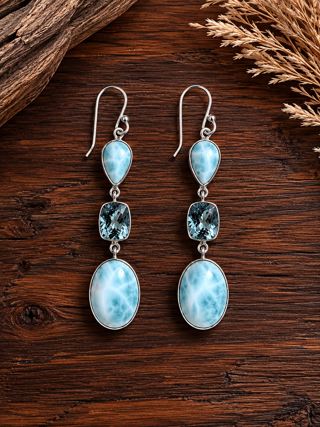 Larimar & Blue Topaz Large Three Stone Sterling Silver Dangle Earrings
