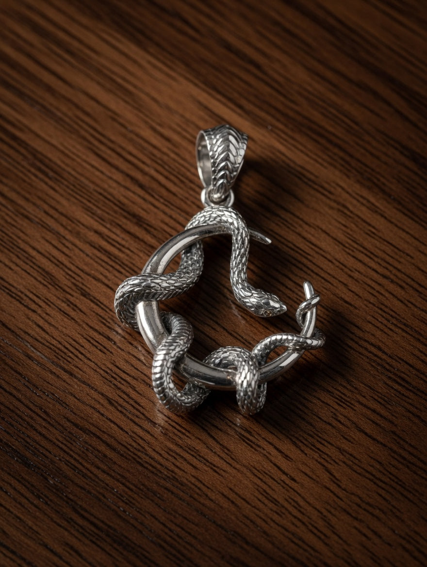 Sterling Silver Round Snake Pendant With 18k Gold Accents
