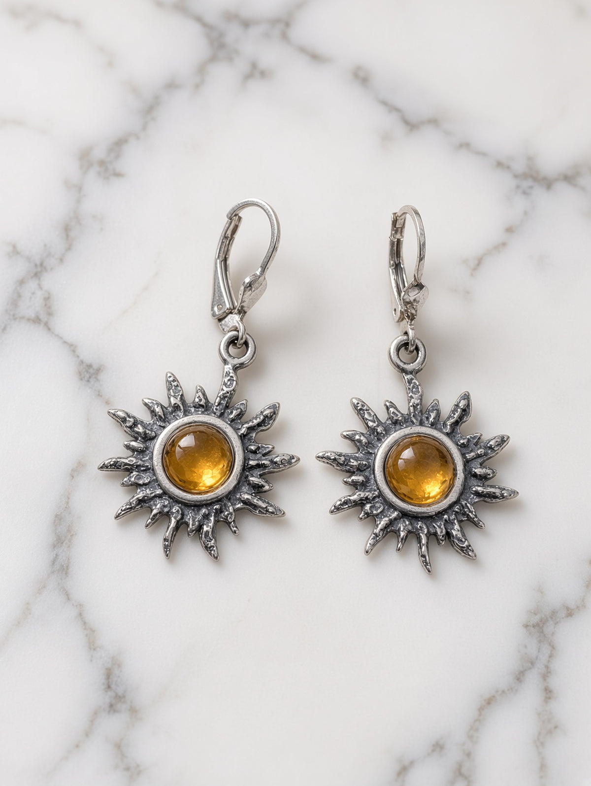 Handmade Sunburst Earrings with Yellow Inlay & Honey Cognac Cabochons In Sterling Silver