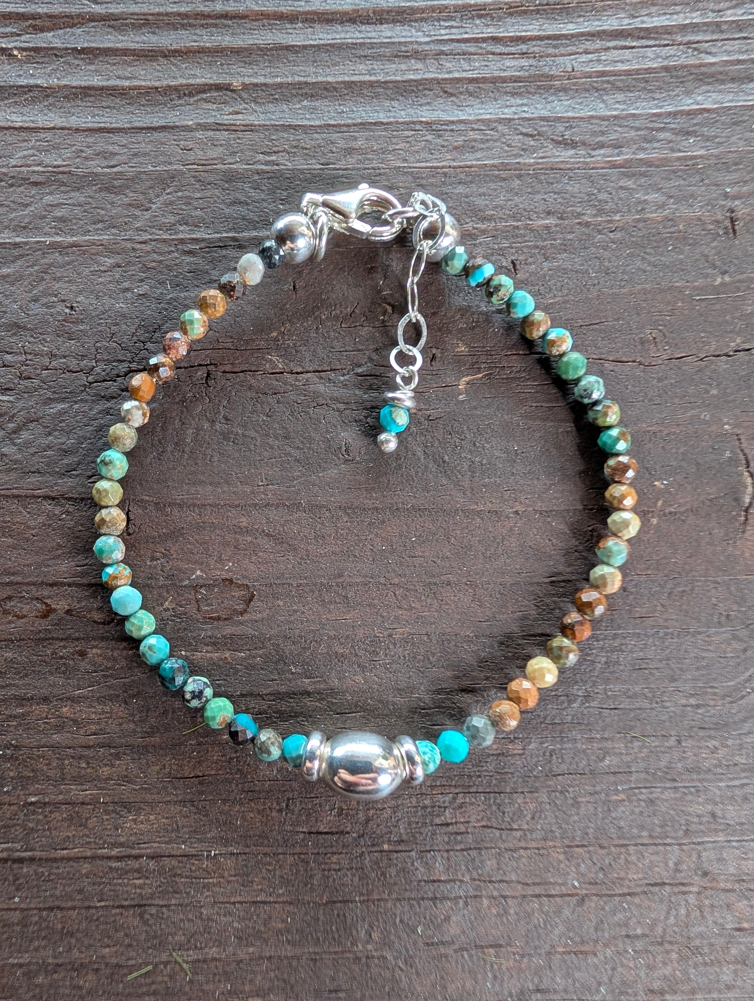Turquoise Multicolor Stone Beaded Sterling Silver Stretch Bracelet