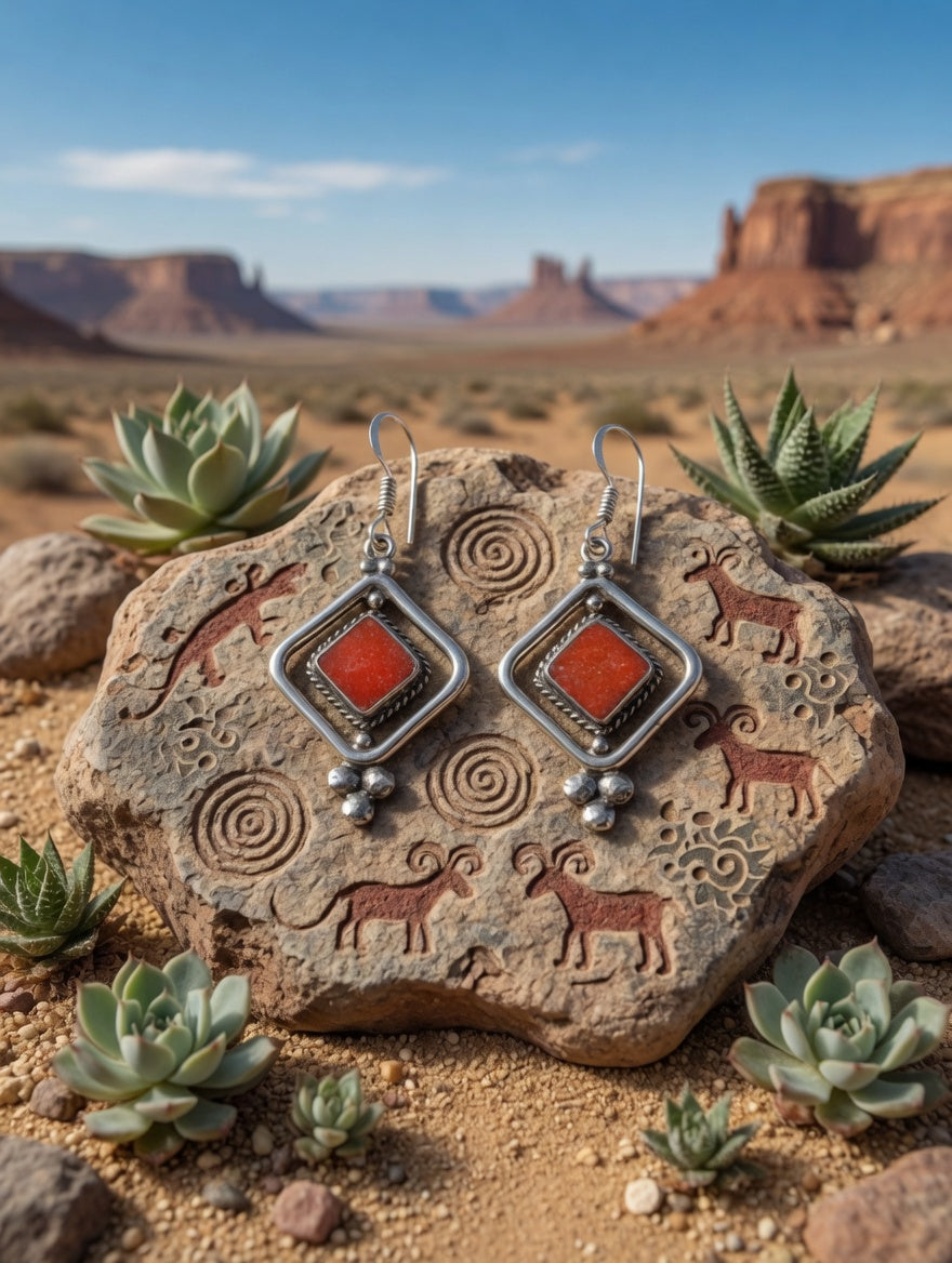 Vintage Southwestern Coral & Silver Dangle Earrings
