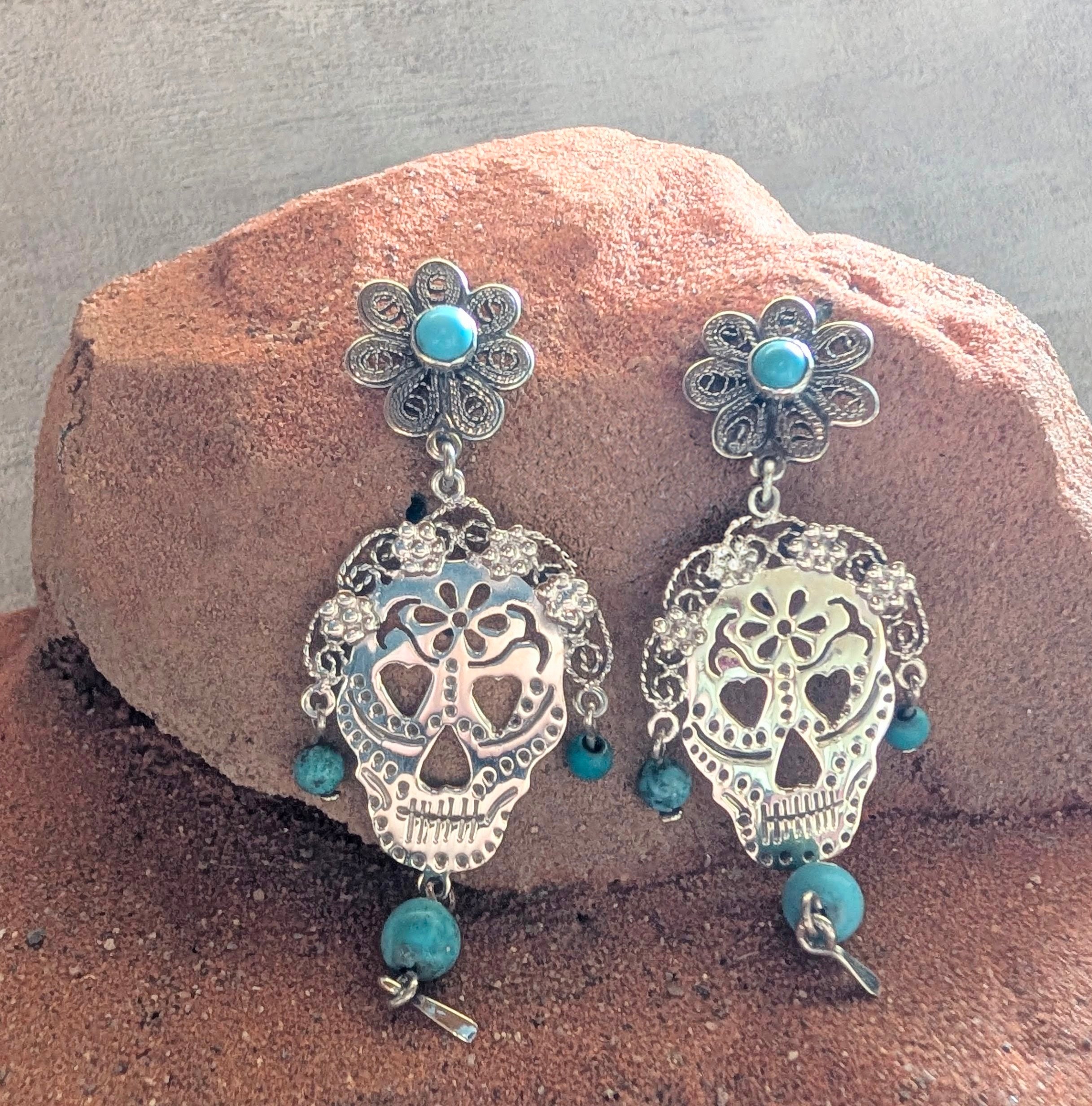 Sterling Silver Beaded Turquoise Floral Sugar Skull Earrings On Post