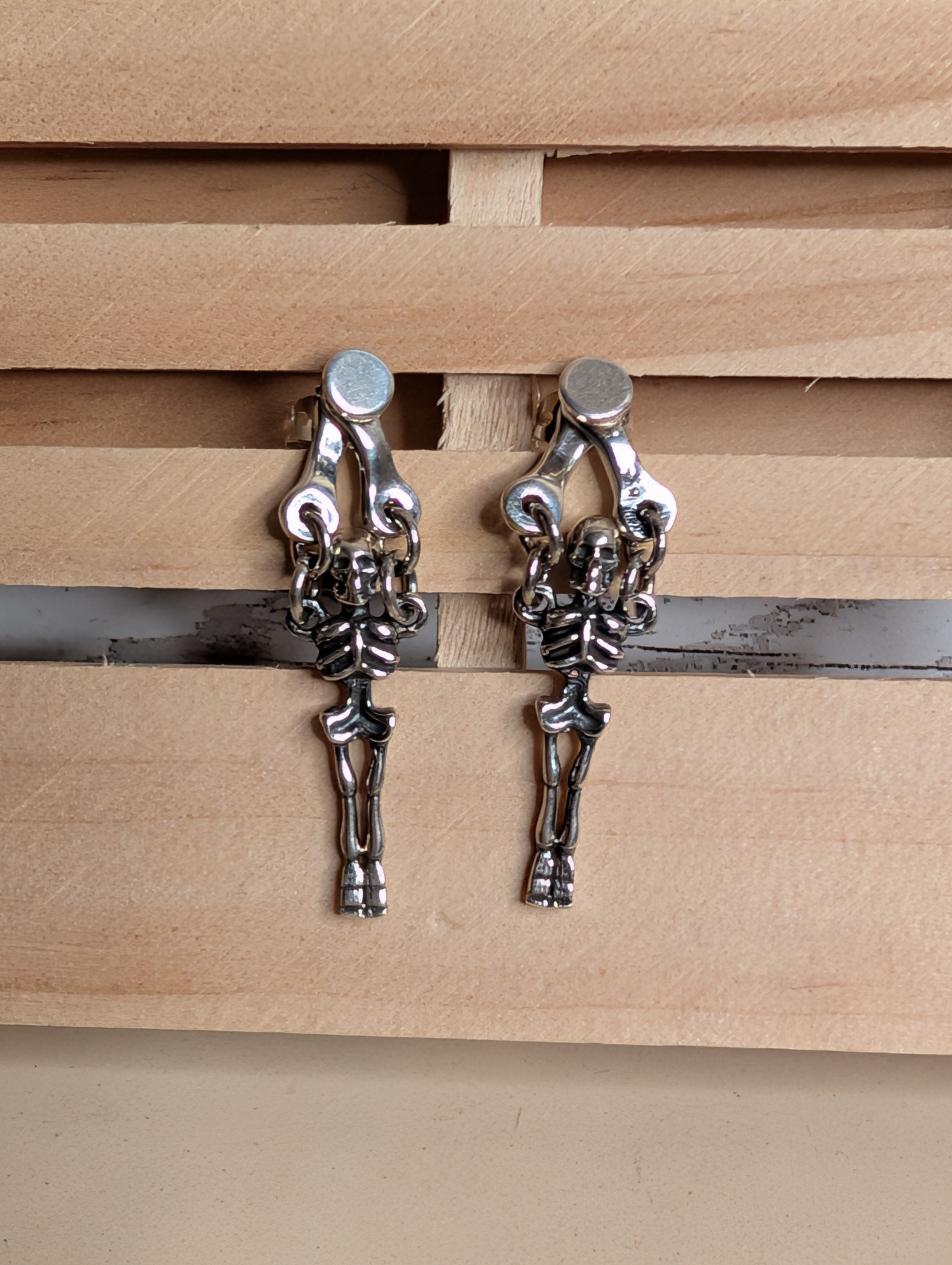 Sterling Silver Halloween Gothic Skeleton Dangle Earrings On Post