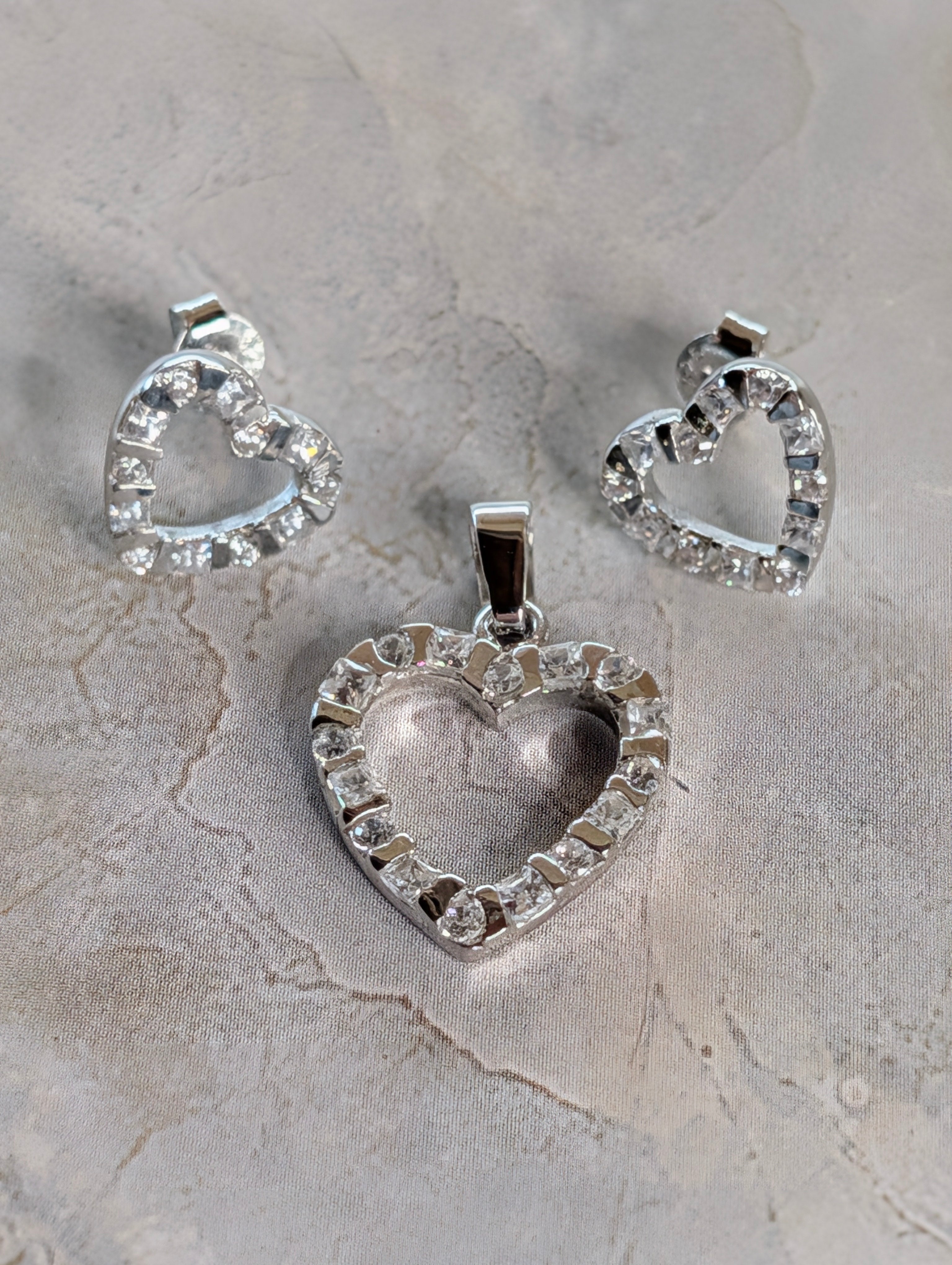 Sterling Silver CZ Heart Pendant & Stud Earrings Jewelry Set