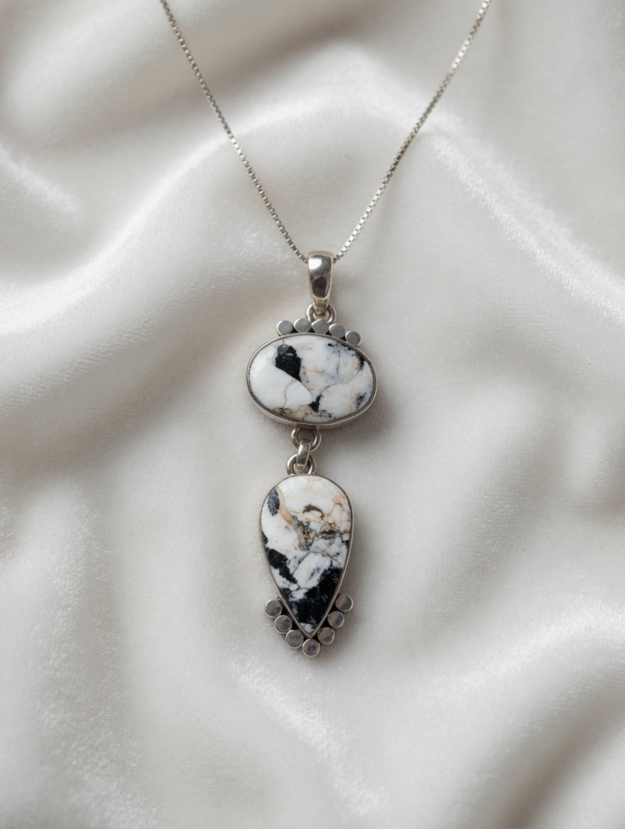 Whit Buffalo Oval & Tear Drop Shaped Gemstone Layered Sterling Silver Drop Necklace