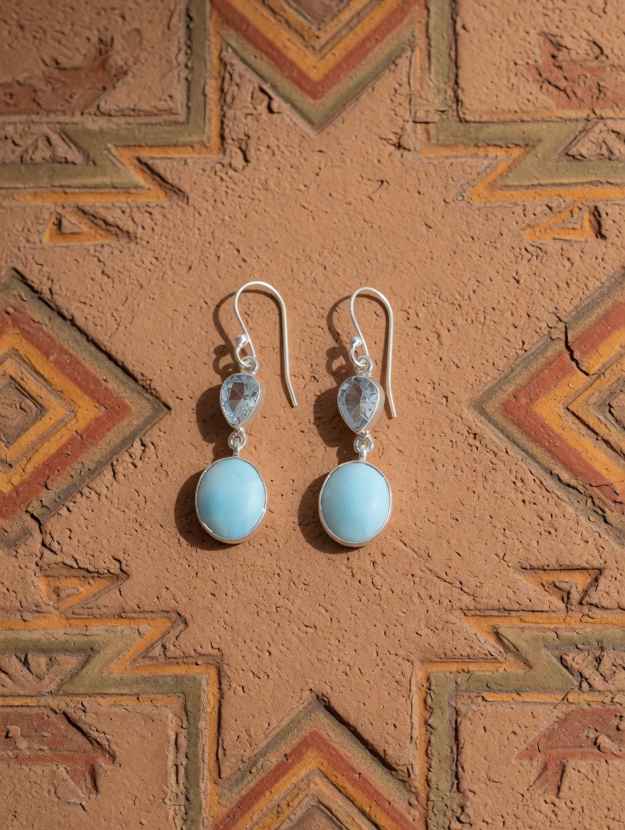 Larimar & Blue Topaz Two Stone Sterling Silver Dangle Earrings