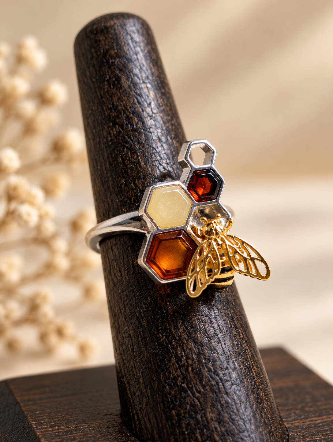 Handmade Bee Honeycomb Honey Cognac Cabochons & Sterling Silver Adjustable Ring