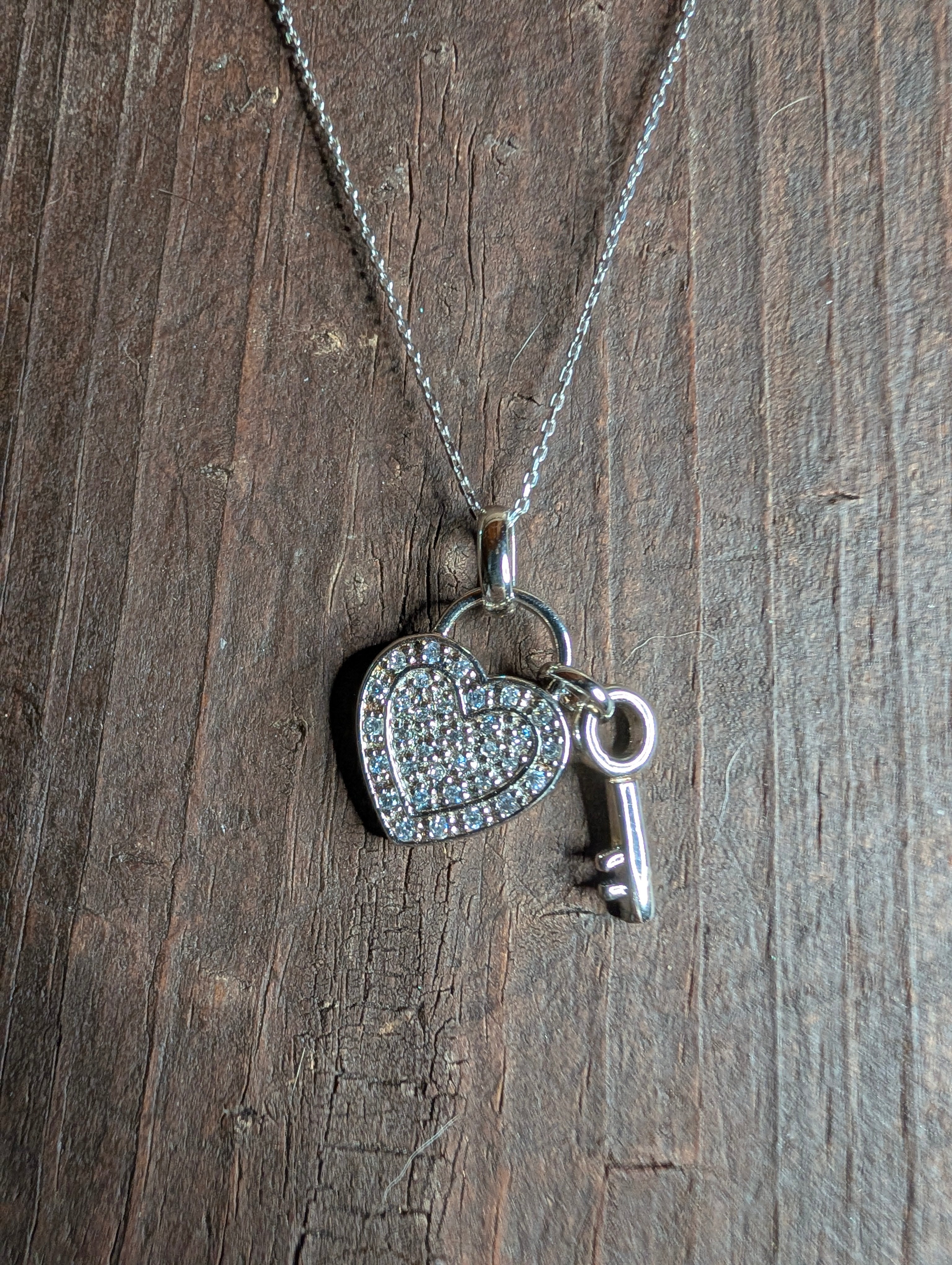 Sterling Silver CZ Heart & Key Romantic Love Necklace
