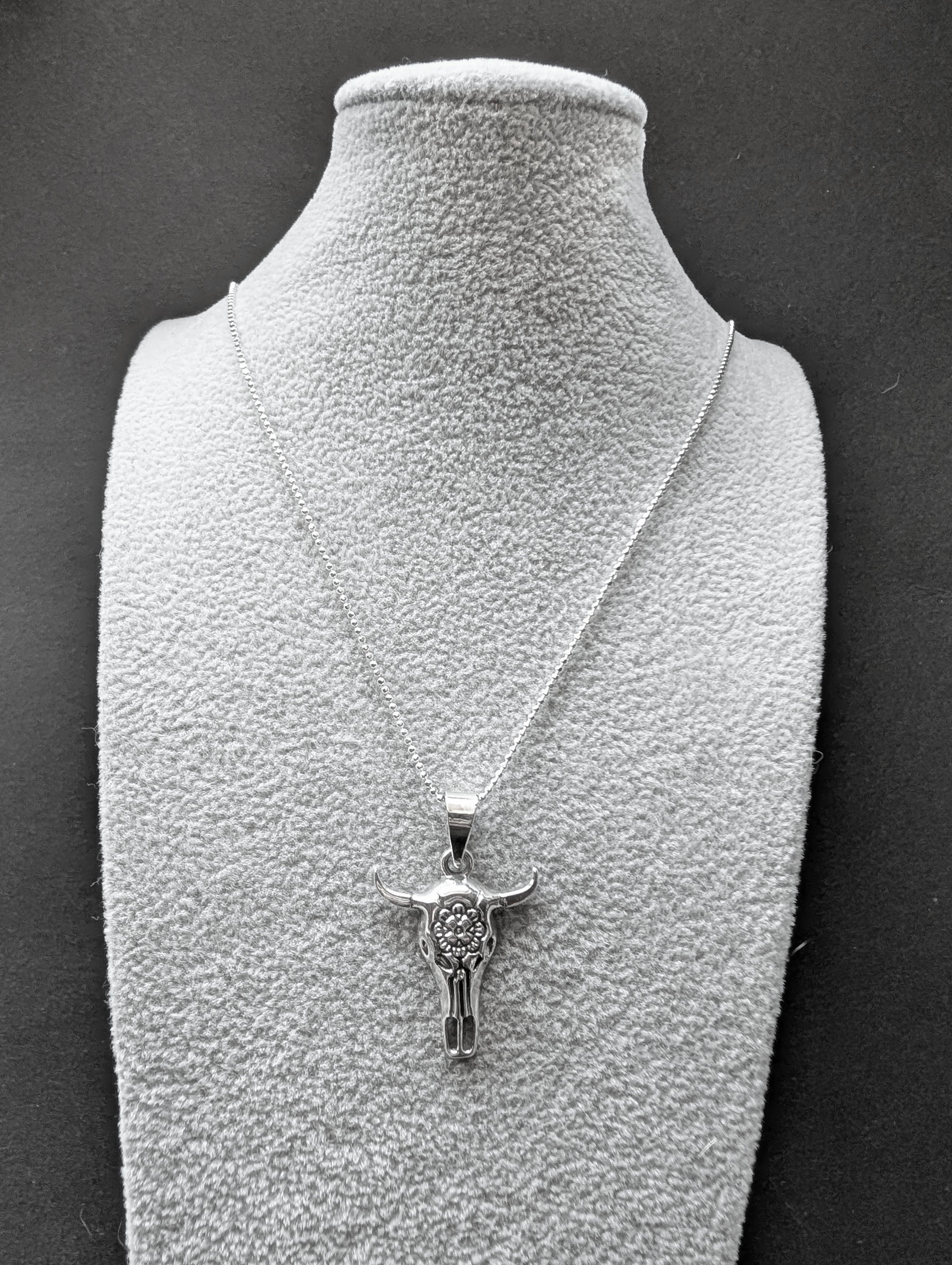 Sterling Silver Tibetan Western Style Cow Skull Pendant With Floral Design