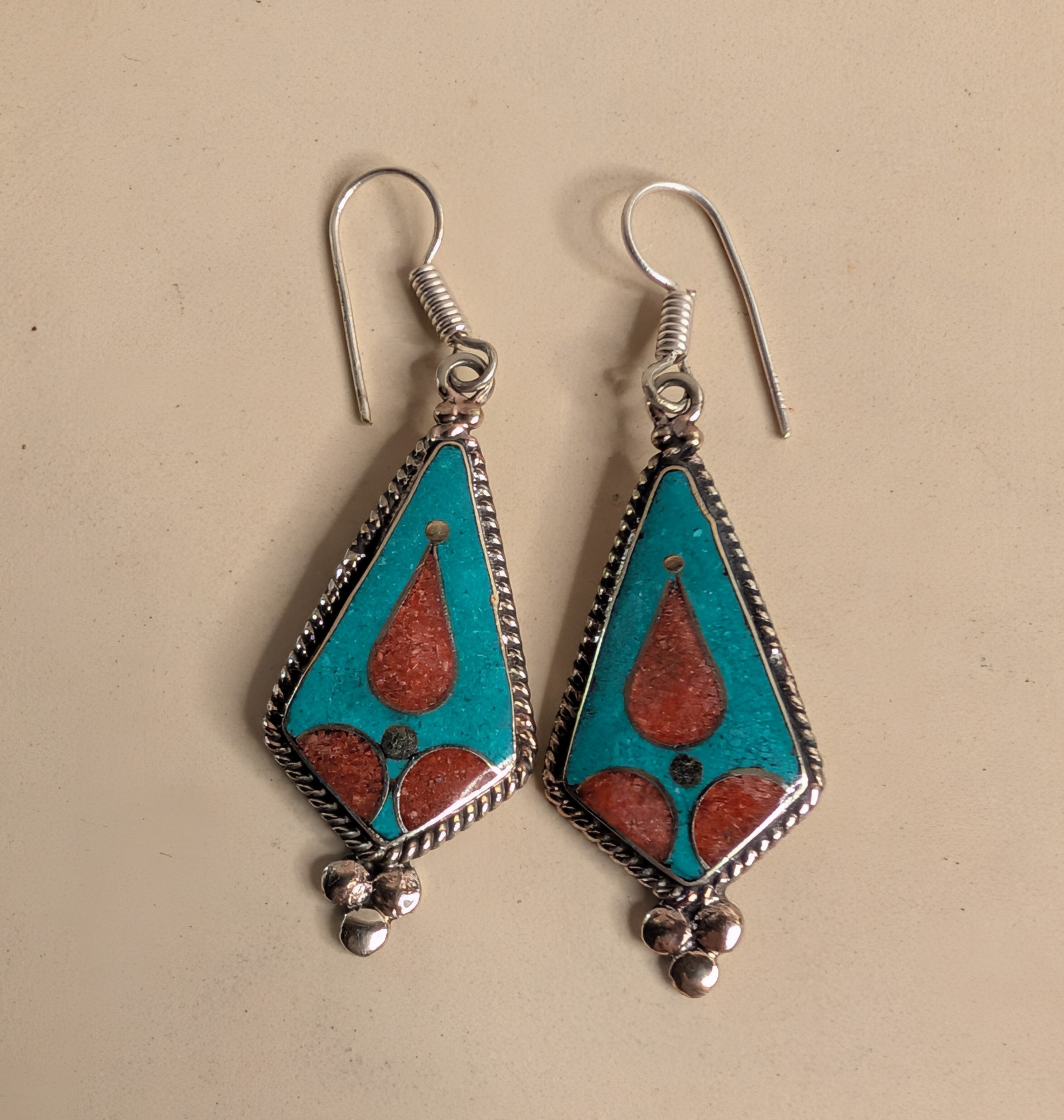 Coral & Turquoise Dangle Earrings with Triple Bead Drop