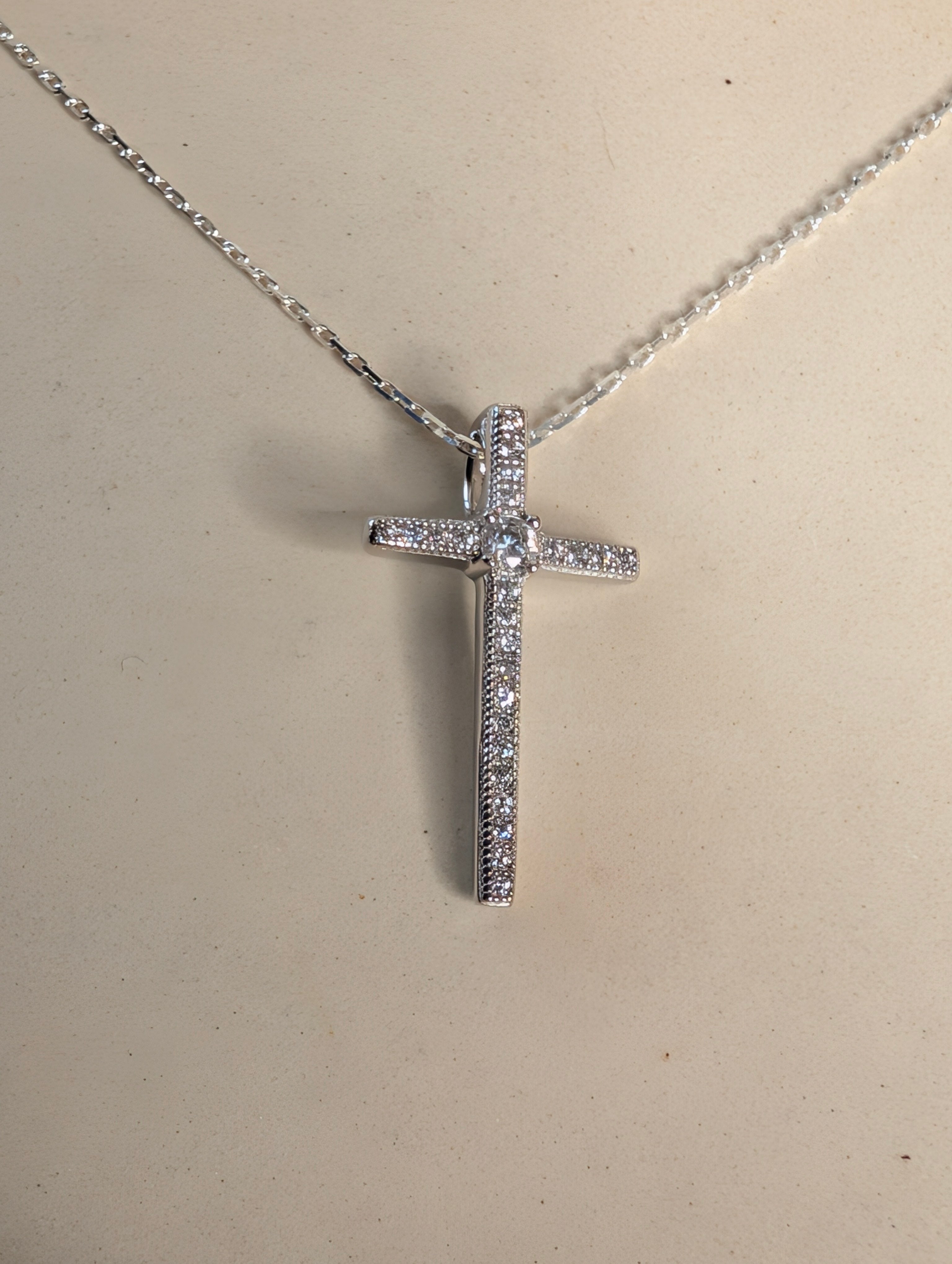 Sterling Silver CZ Simple Cross Pendant Necklace