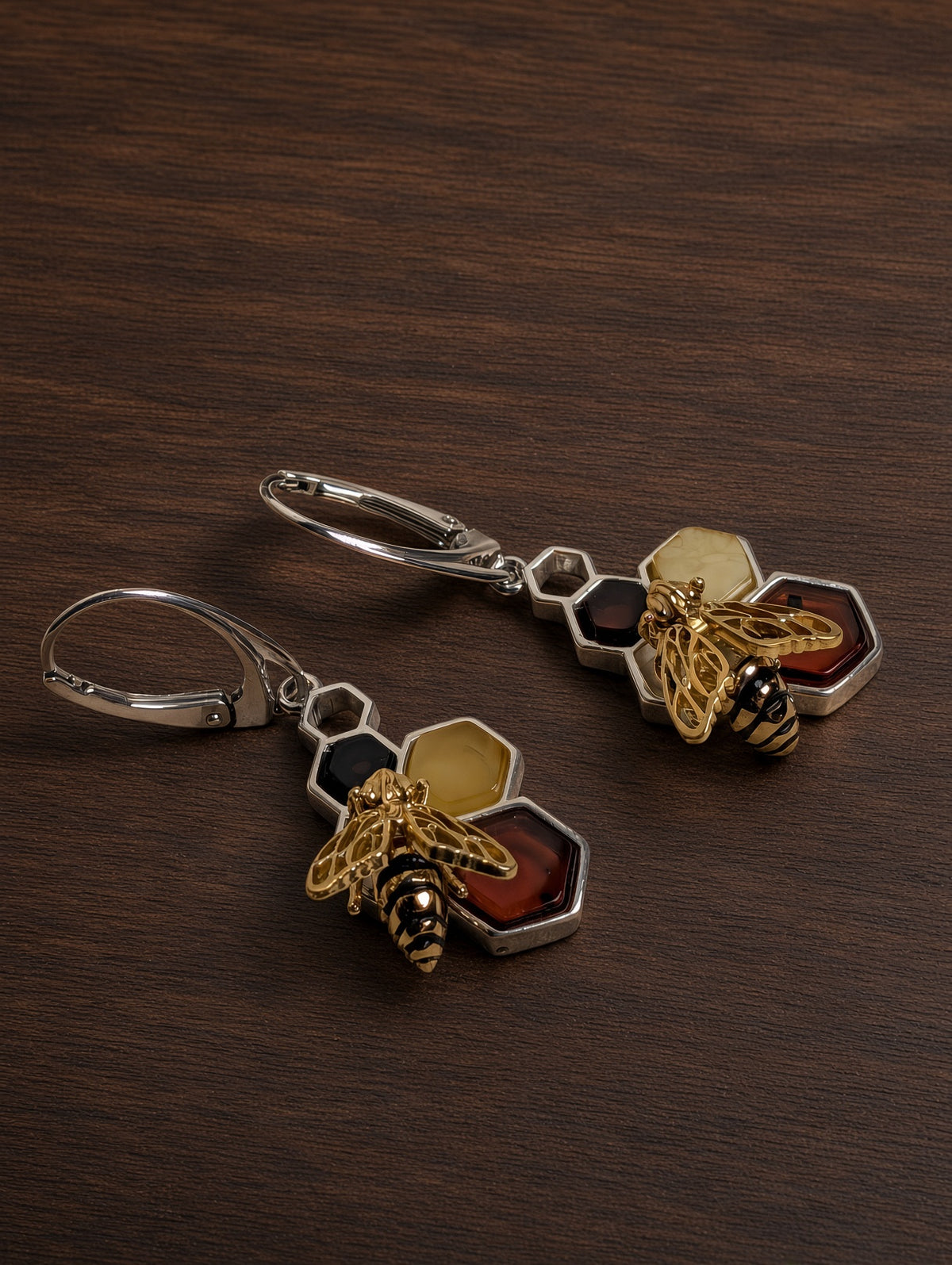 Handmade Bee Honeycomb Honey Cognac Cabochons & Sterling Silver Leverback Earrings