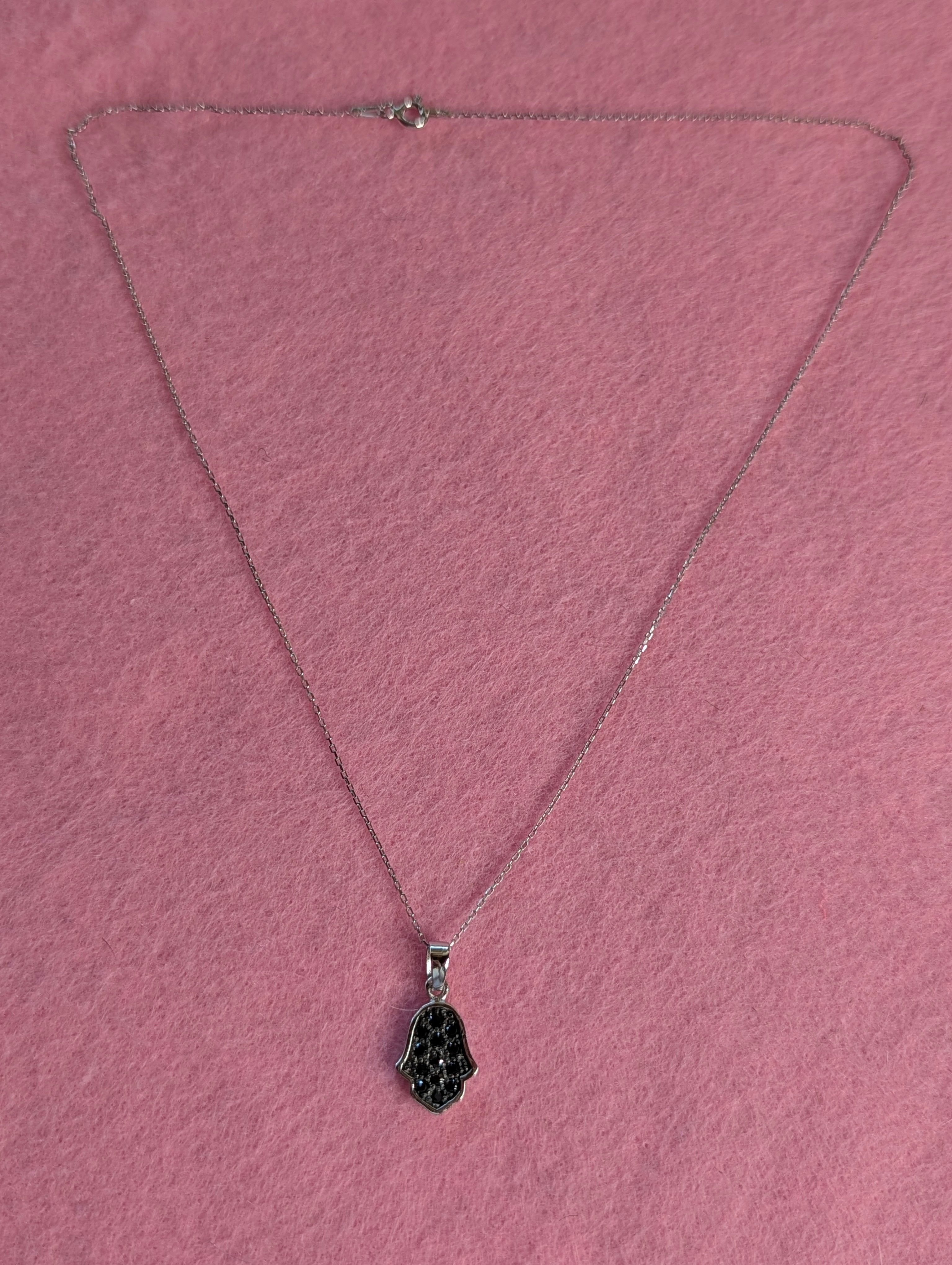 Sterling Silver Black CZ Protective Hamsa Hand Necklace