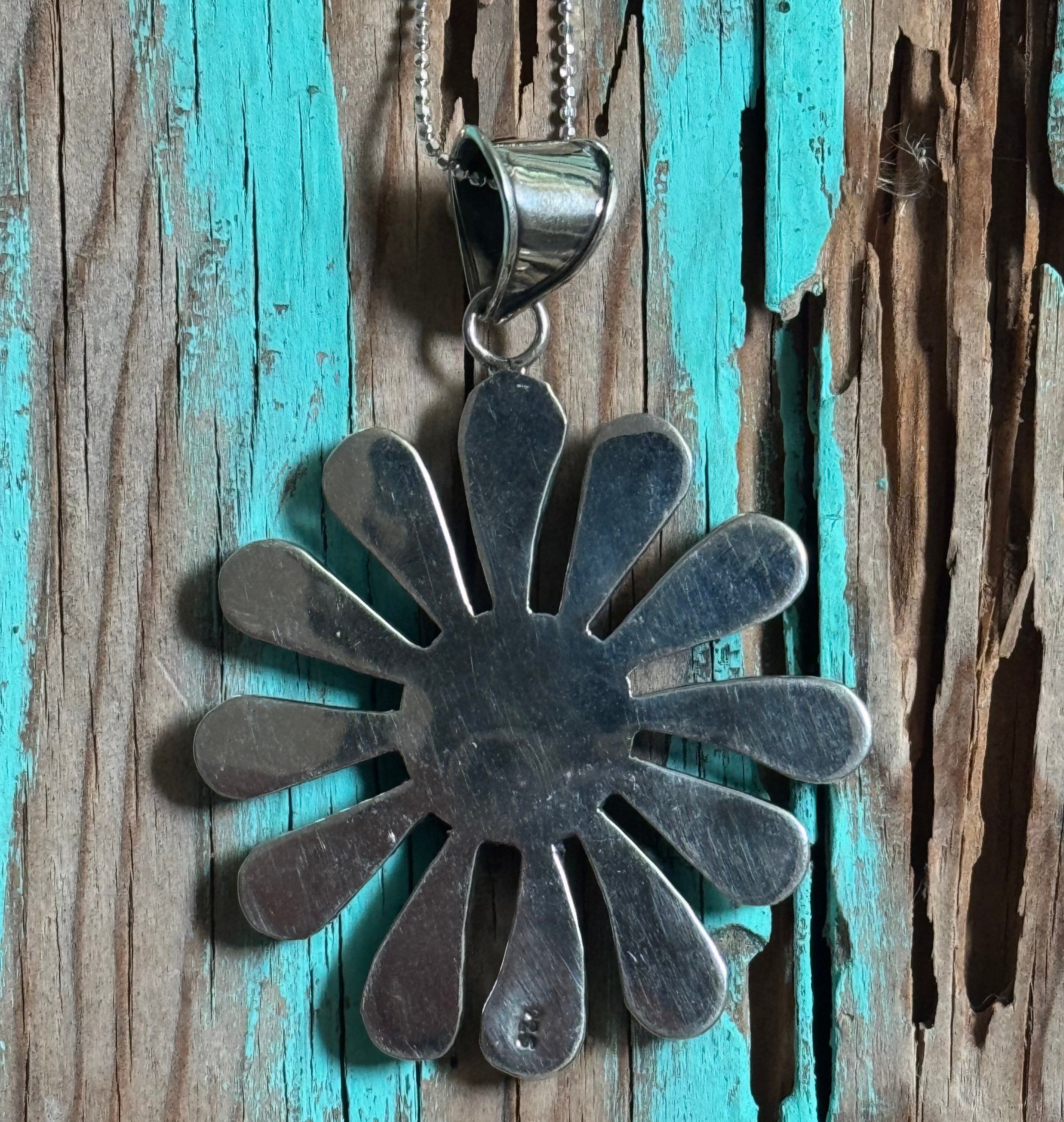 Turquoise Daisy Flower Pendant & Sterling Silver Necklace