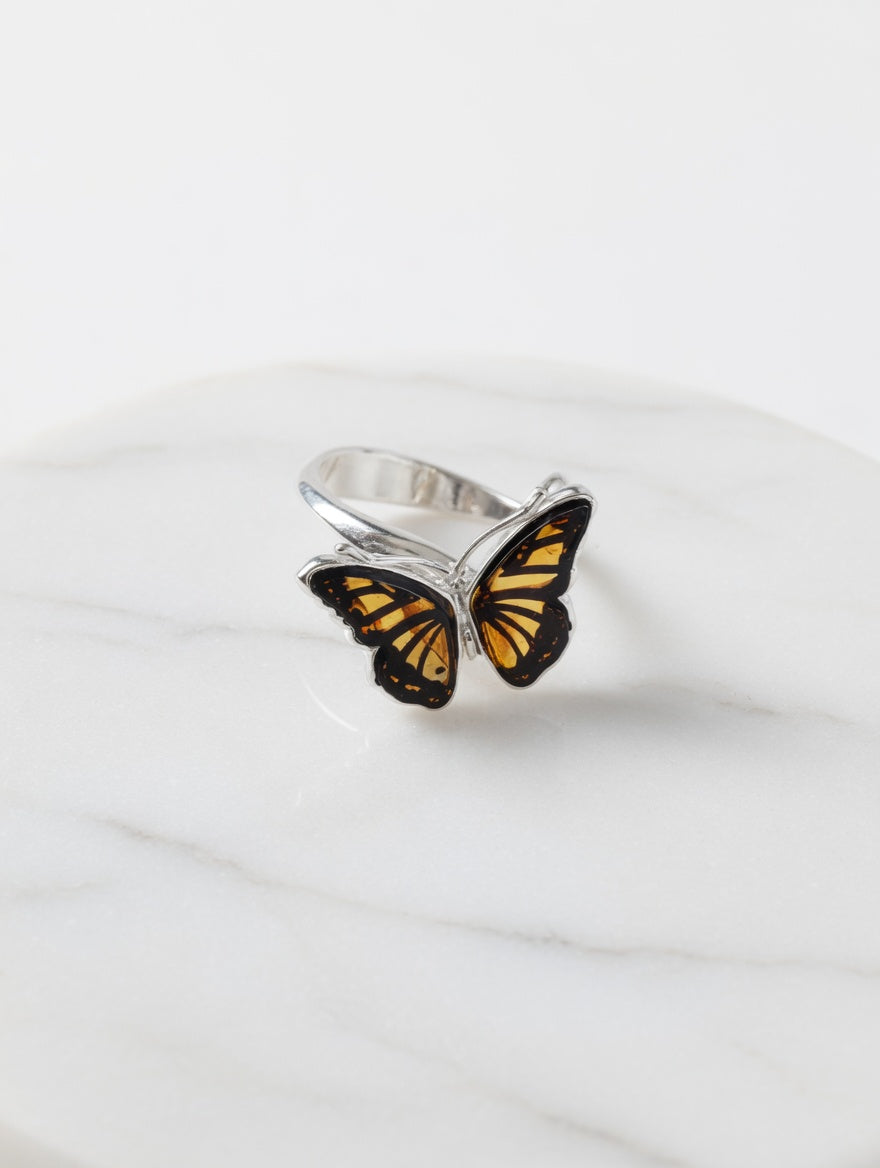 Sterling Silver Handmade Amber Butterfly Adjustable Ring
