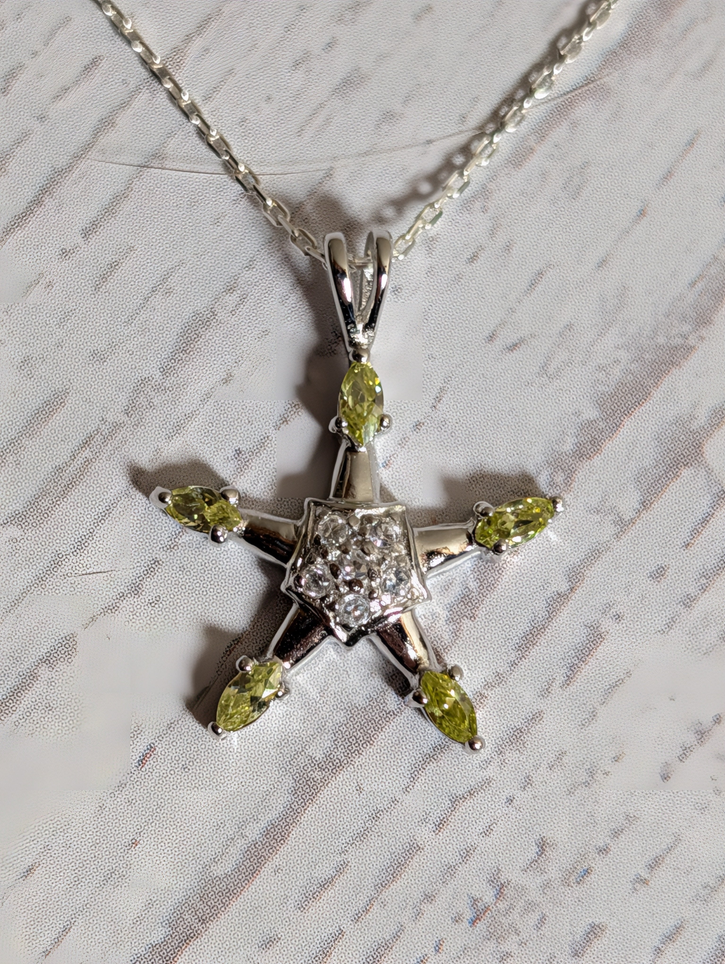 Peridot Gemstone CZ Star Shaped Sterling Silver Necklace