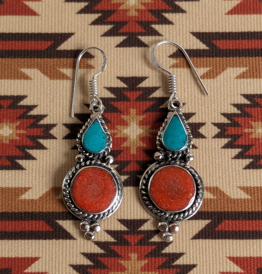 Turquoise Teardrop & Coral Circle Dangle Earrings