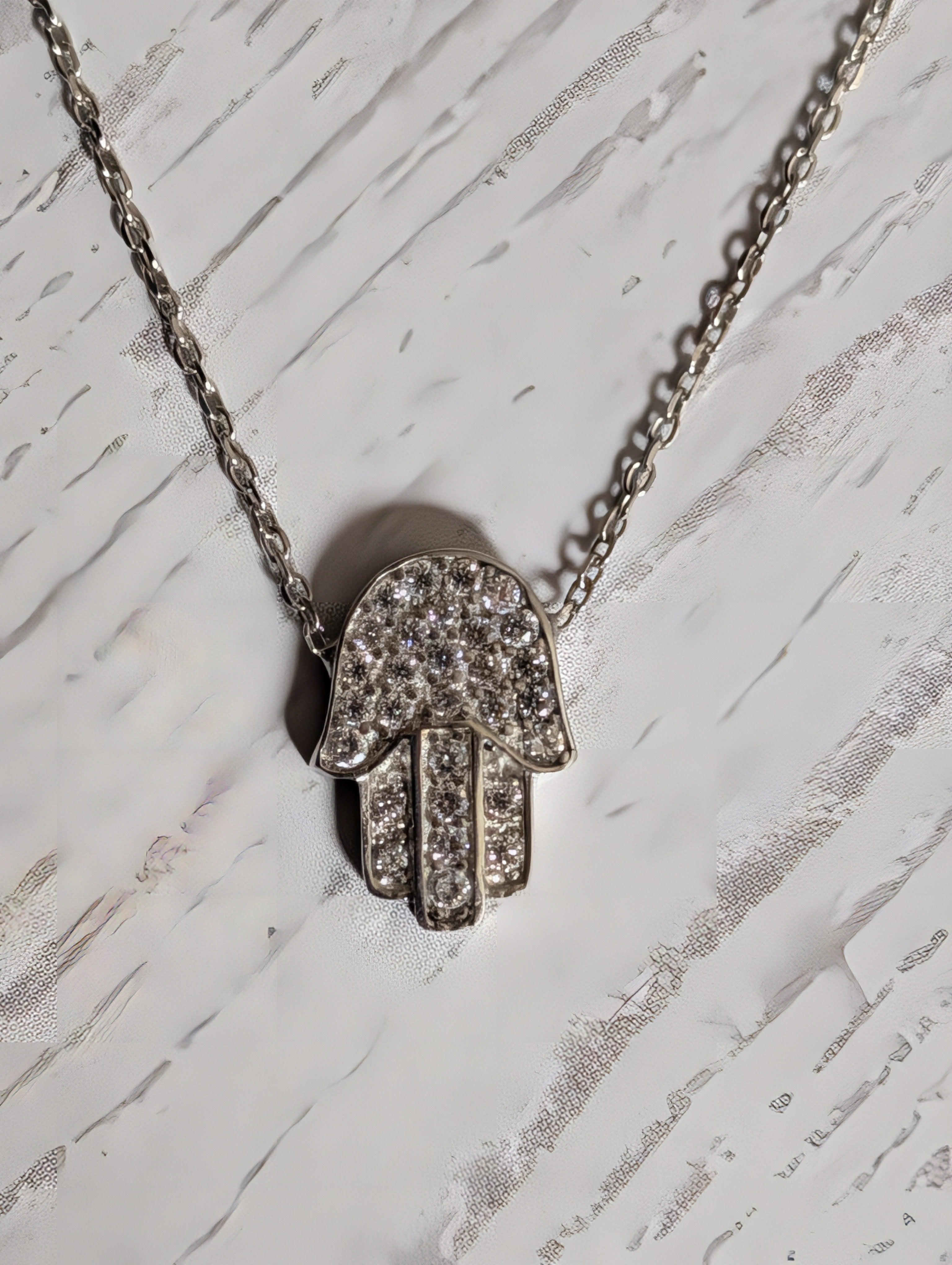 Hamsa Hand CZ Pendant On Sterling Silver Necklace