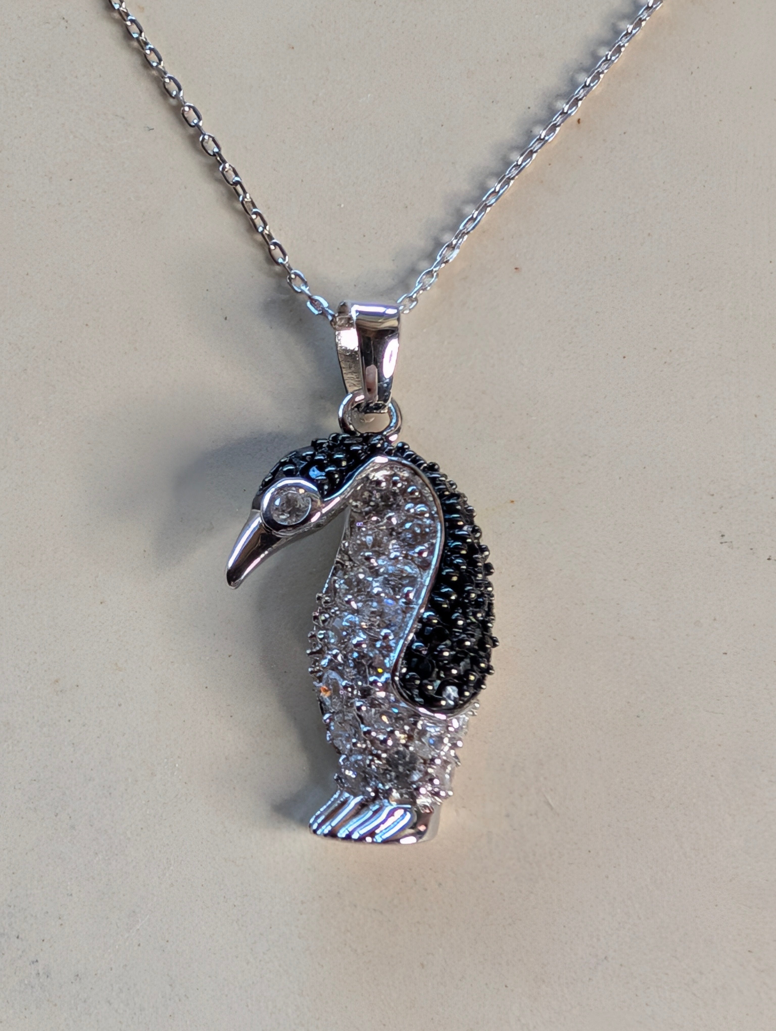 Sterling Silver Black Druzy CZ Penguin Winter Cold Pendant Necklace