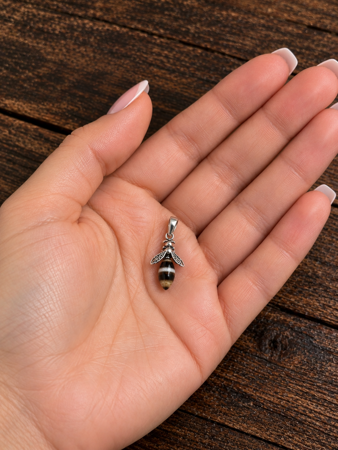 Handmade Bee Honey Cognac Cabochon & Sterling Silver Pendant