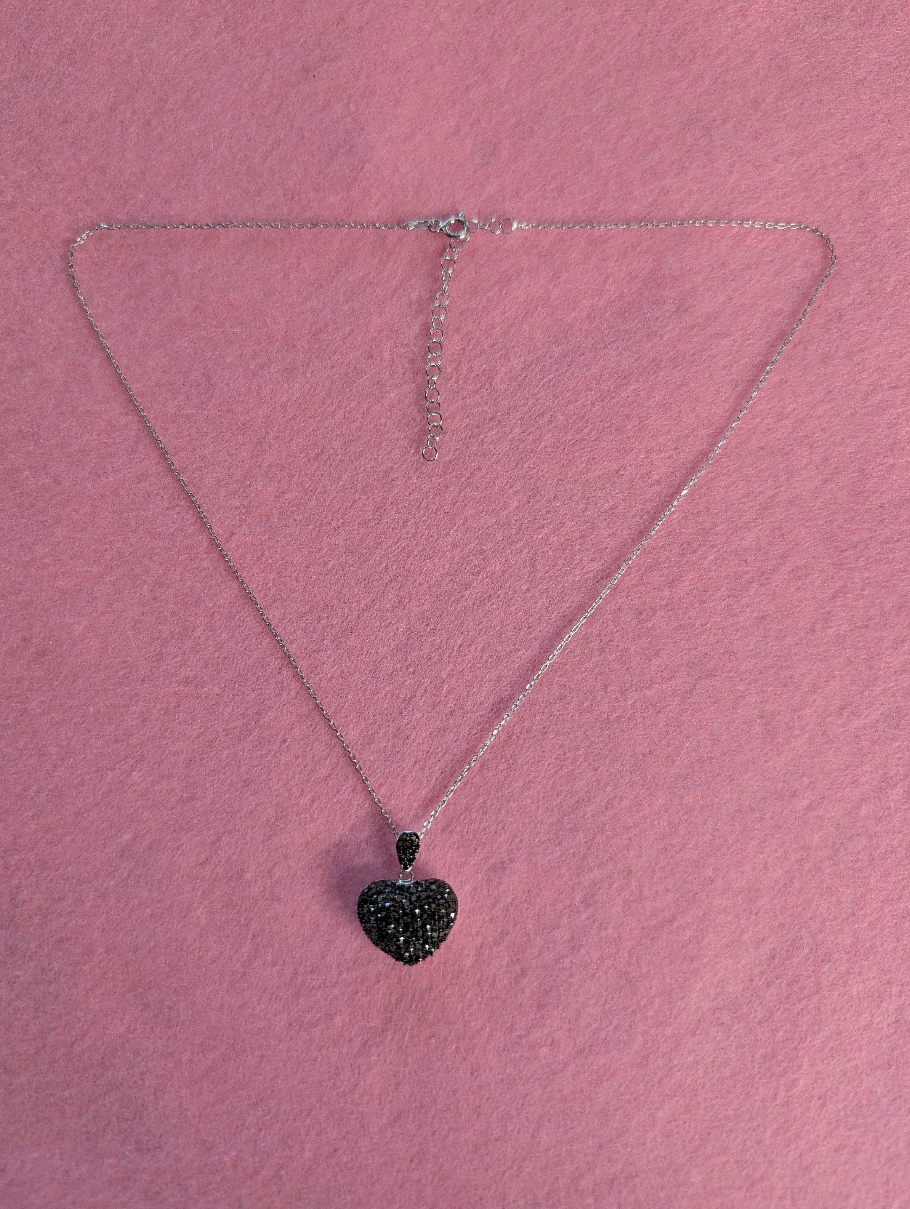 Sterling Silver Black Druzy CZ Puffy Heart Pendant Necklace
