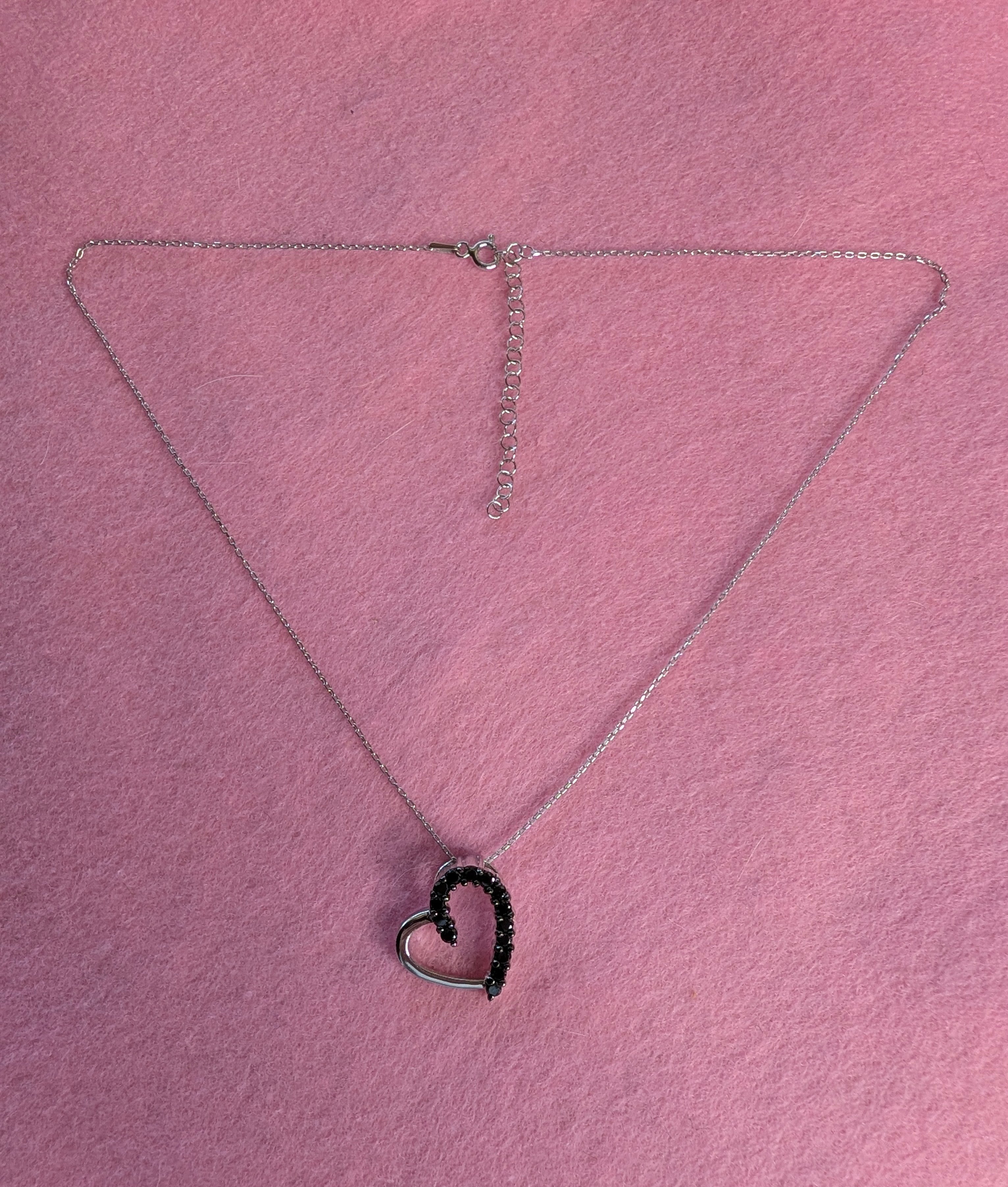 Sterling Silver Black Druzy CZ Heart Silhouette Outline Pendant Necklace