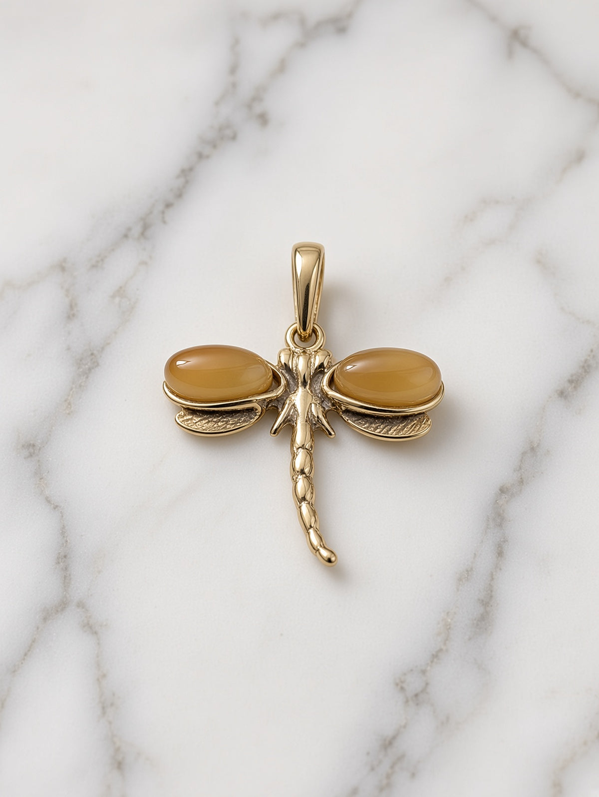 Handmade Dragonfly 14k Gold Plated Honey Cognac Cabochon Pendant