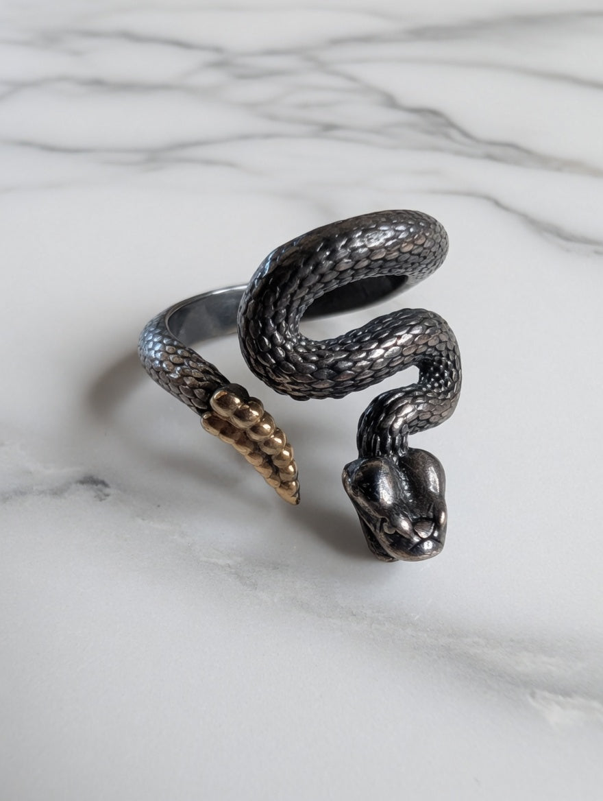 Oxidized Sterling Silver 18k Gold Coiled Rattlesnake Ring
