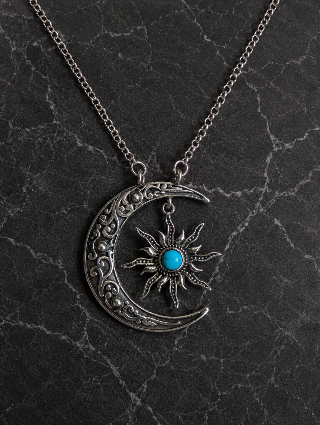 Kingman Turquoise Crescent Sterling Silver Moon and Star Necklace