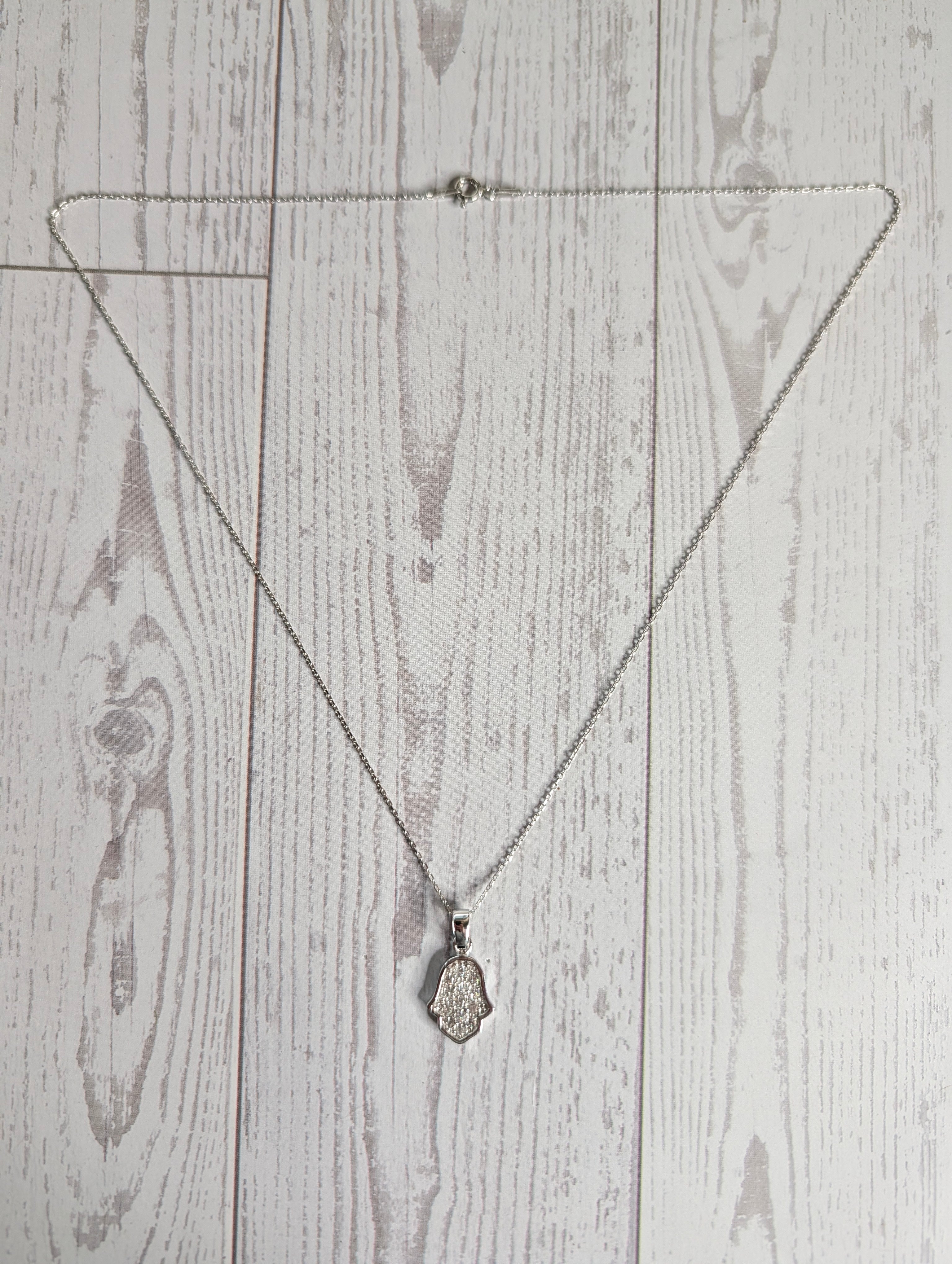 Sterling Silver CZ Protective Hamsa Hand Necklace