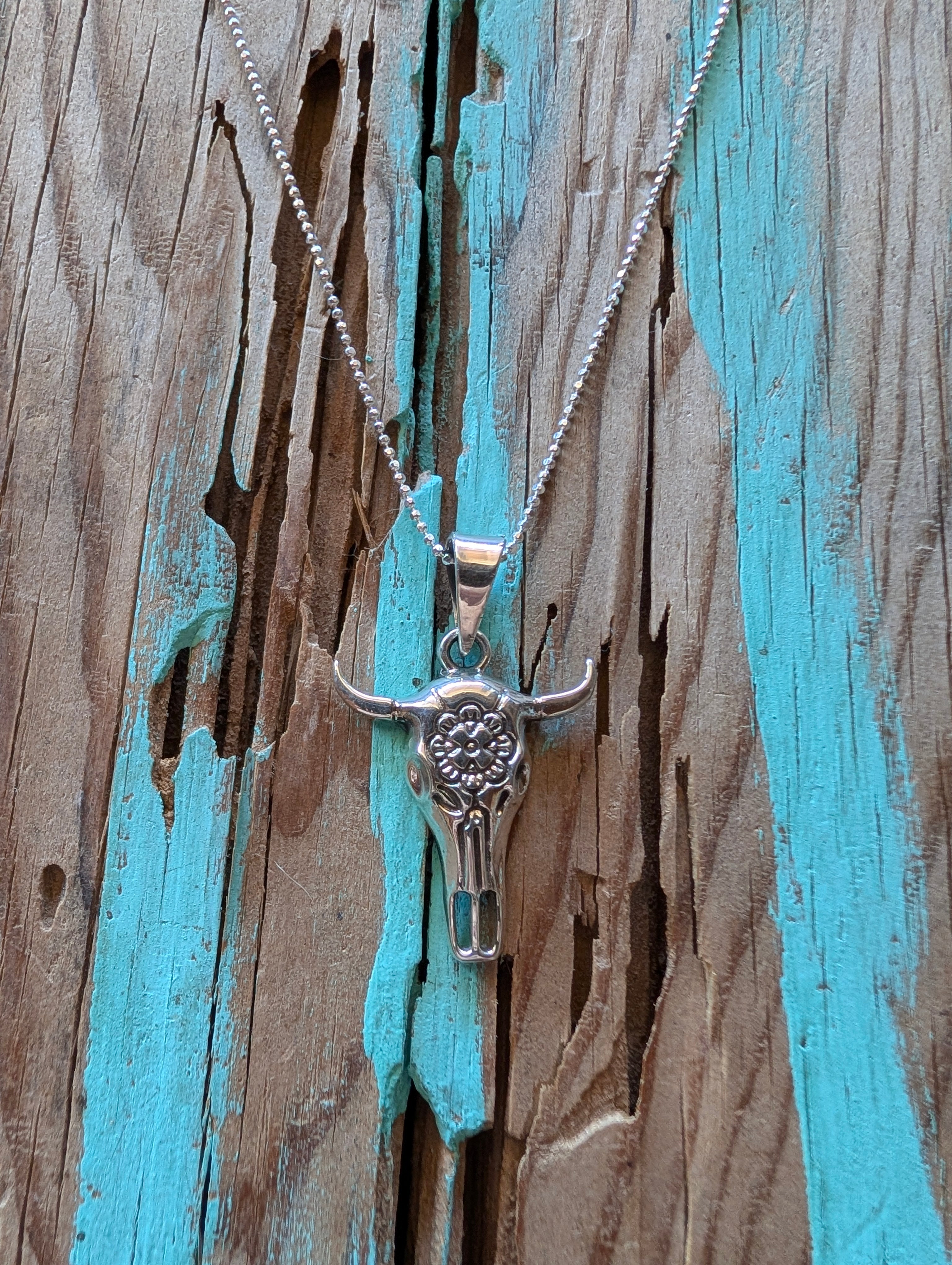 Sterling Silver Tibetan Western Style Cow Skull Pendant With Floral Design