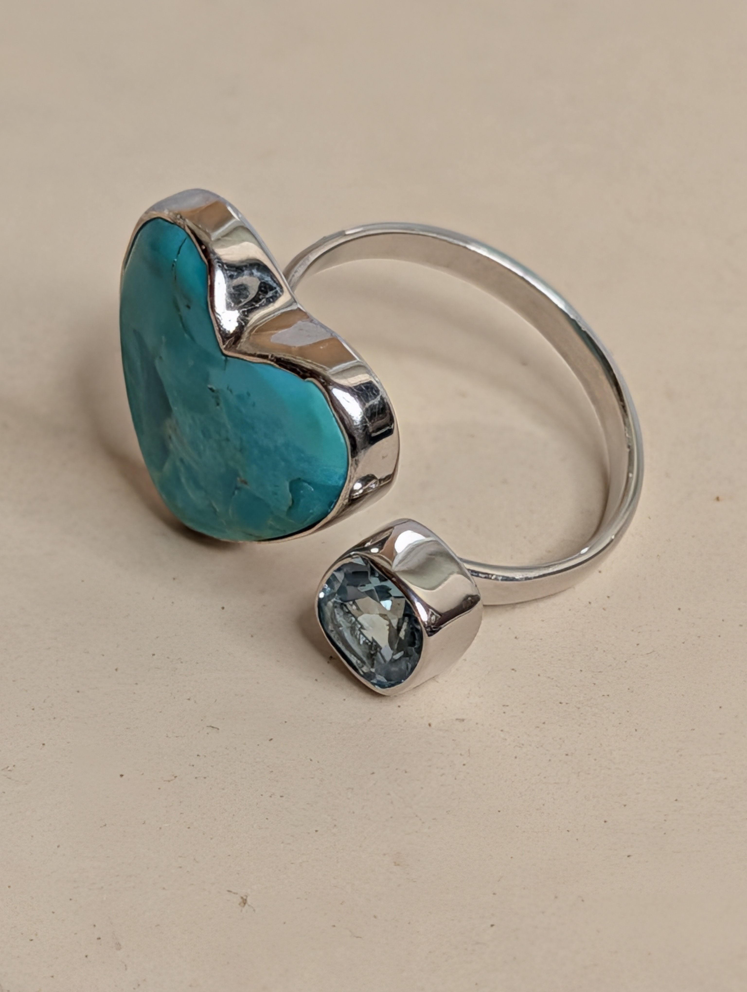 Kingman Turquoise Heart & Square Shaped Blue Topaz Sterling Silver Adjustable Ring