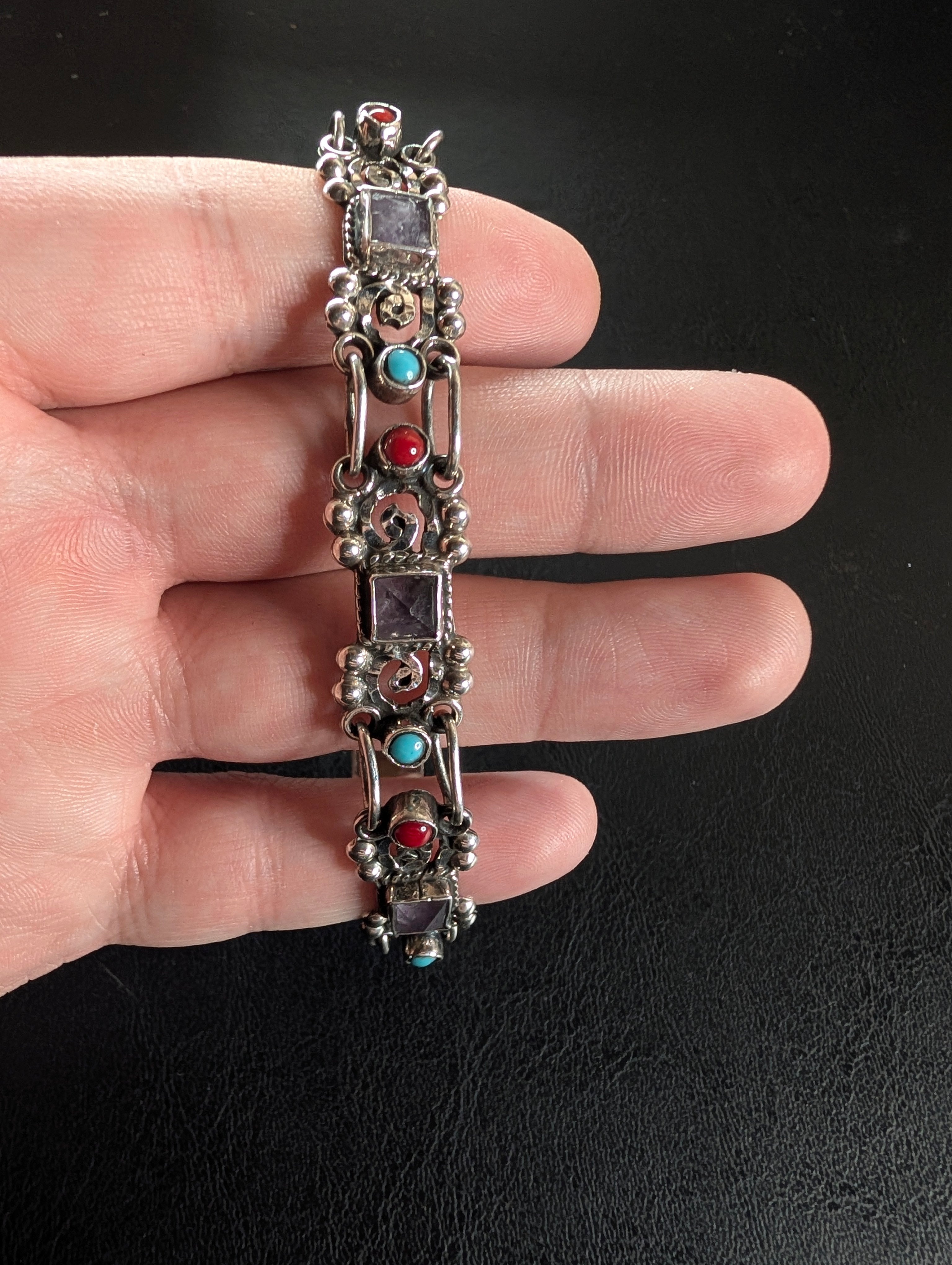Turquoise, Amethyst, and Coral Intricate Sterling Silver Bracelet