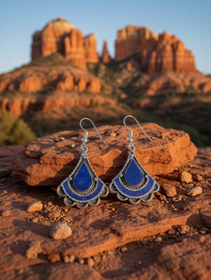 Southwestern Blue Lapis Fan Shaped Dangle Earrings