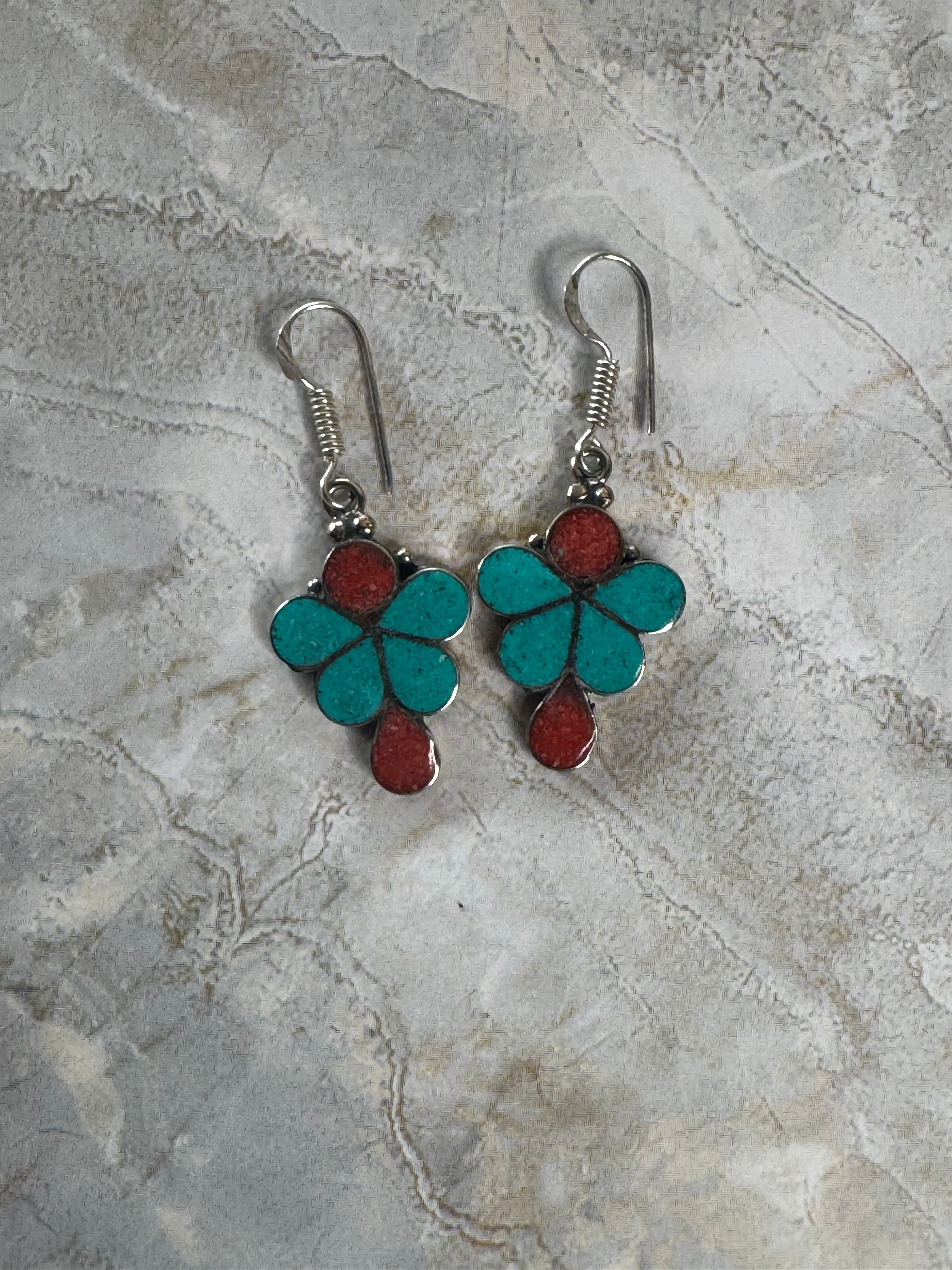 Turquoise & Coral Flower Shape Vintage Silver Dangle Earrings