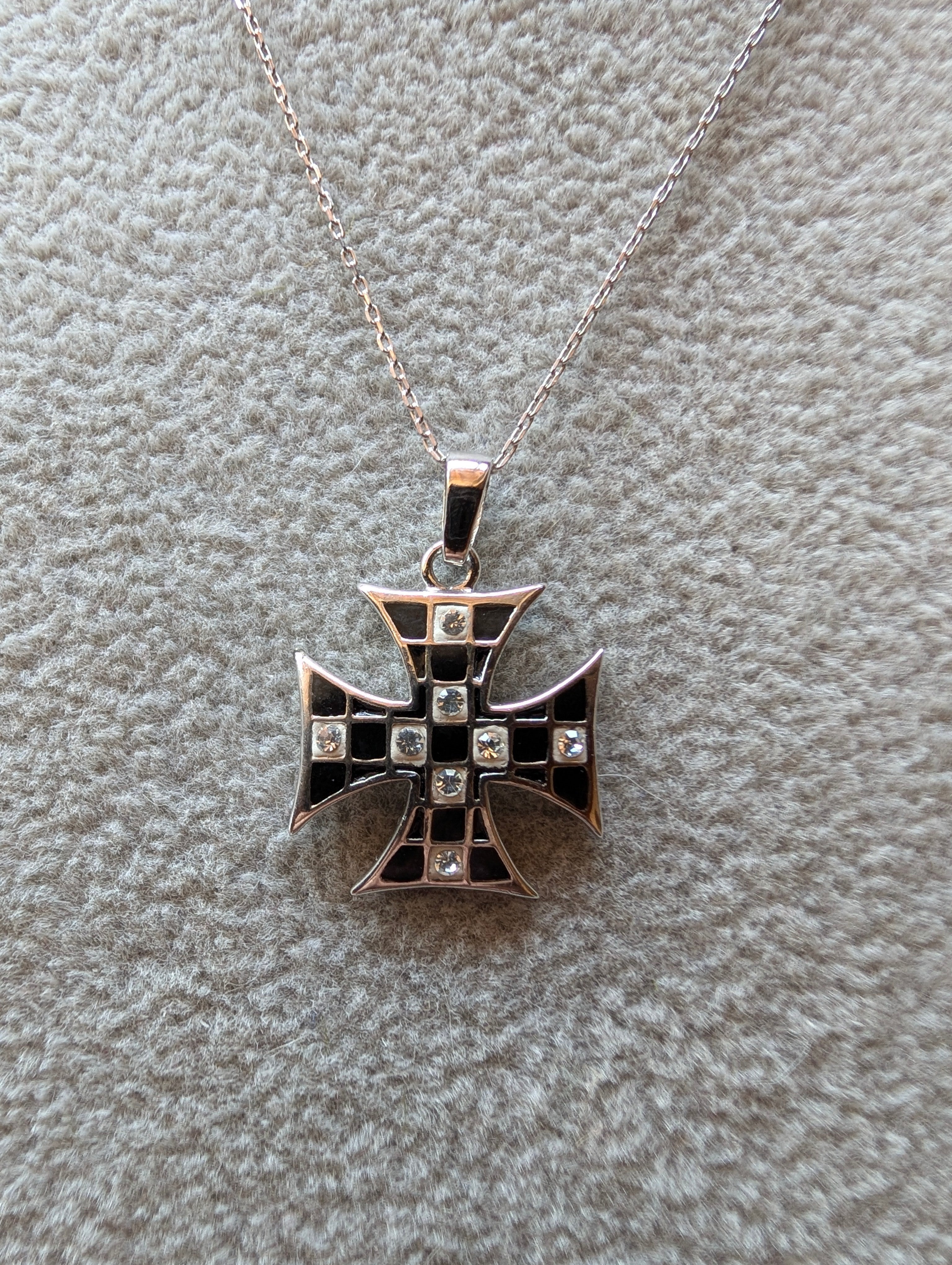 Sterling Silver Black Enamel Inlay Maltese Cross Pendant Necklace