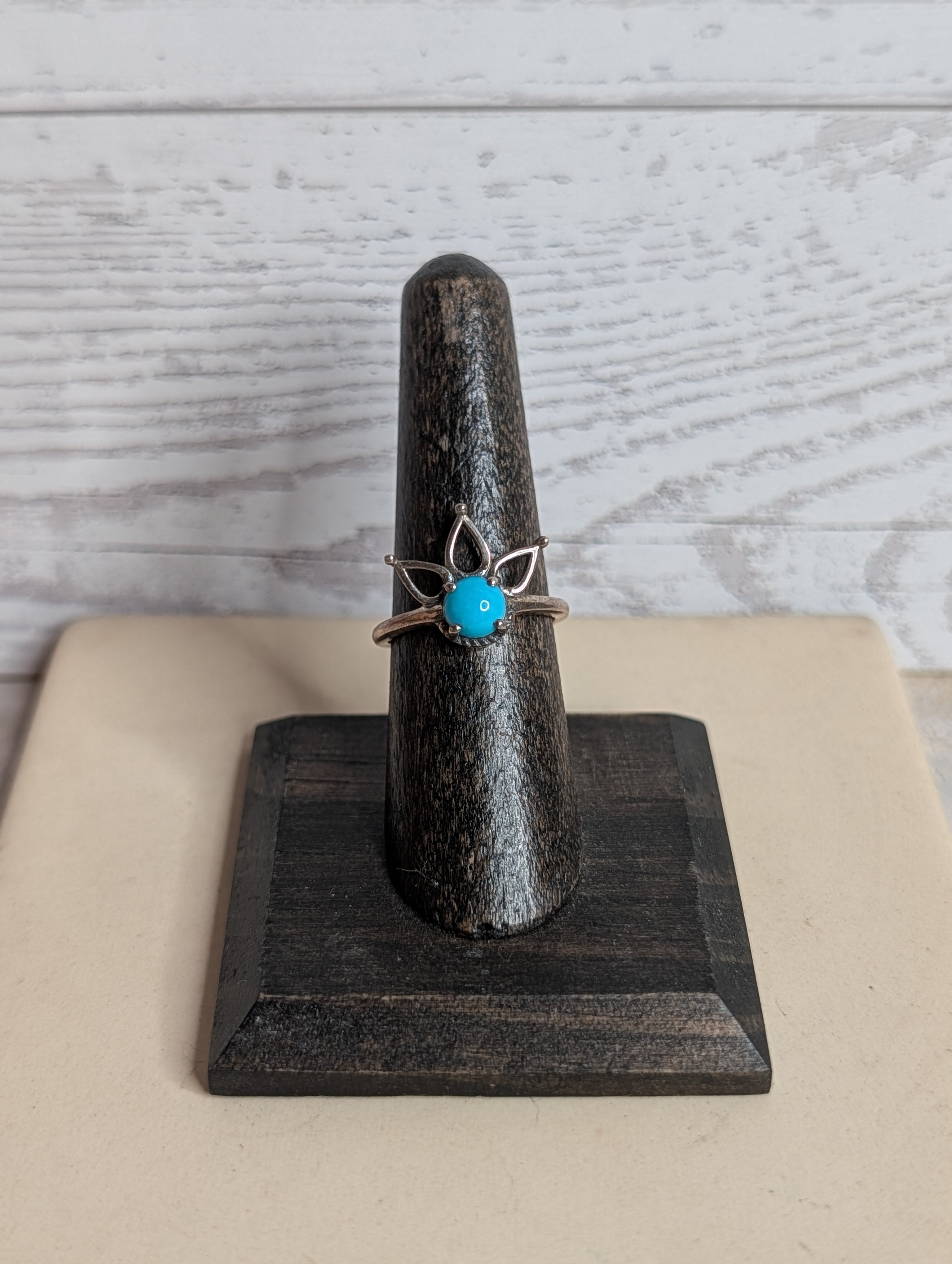 Kingman Turquoise Crowned Lotus Flower Sterling Silver Ring