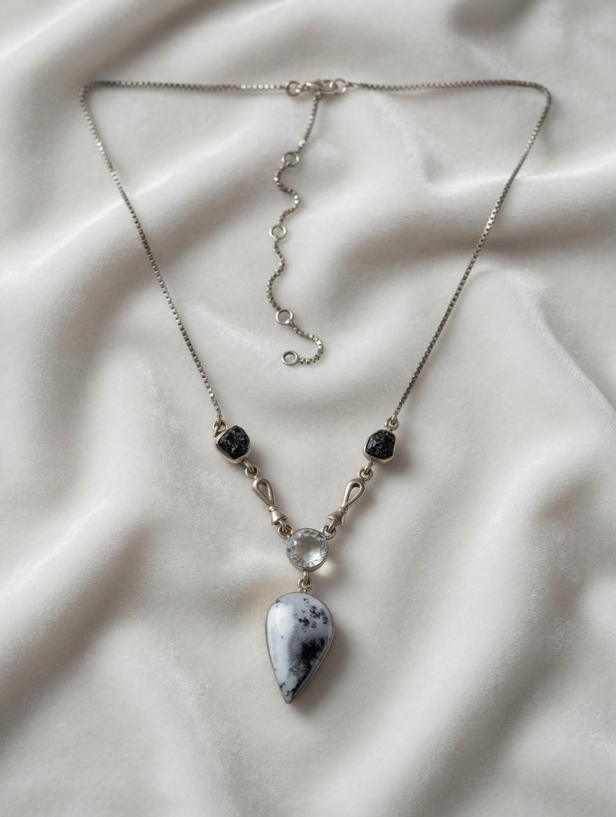 Dendritic Agate Pear Shape Gemstone With Clear Quartz & Black Tourmaline Sterling Silver Lariat Necklace