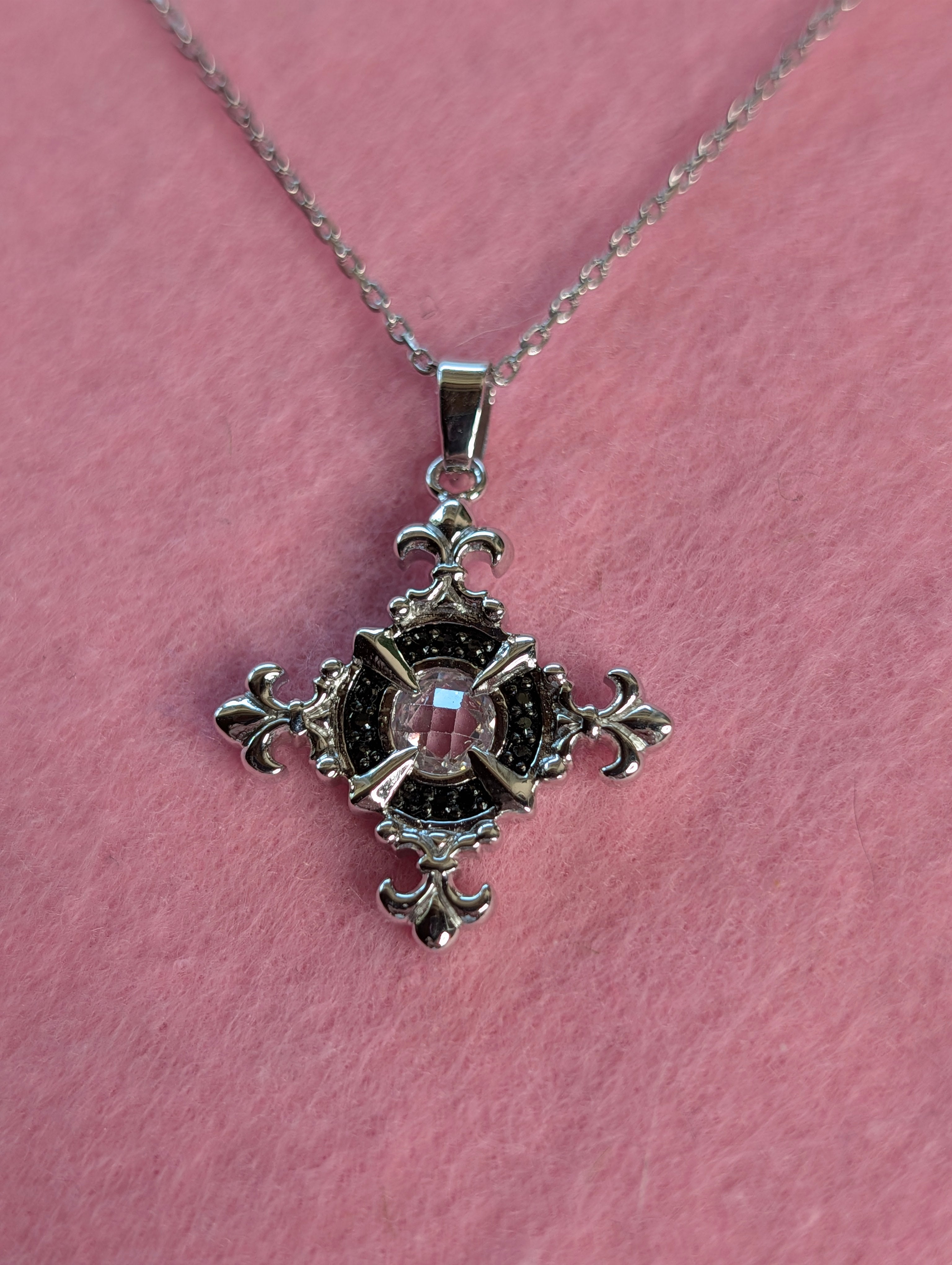 Sterling Silver Gothic Style Filigree CZ Cross Necklace