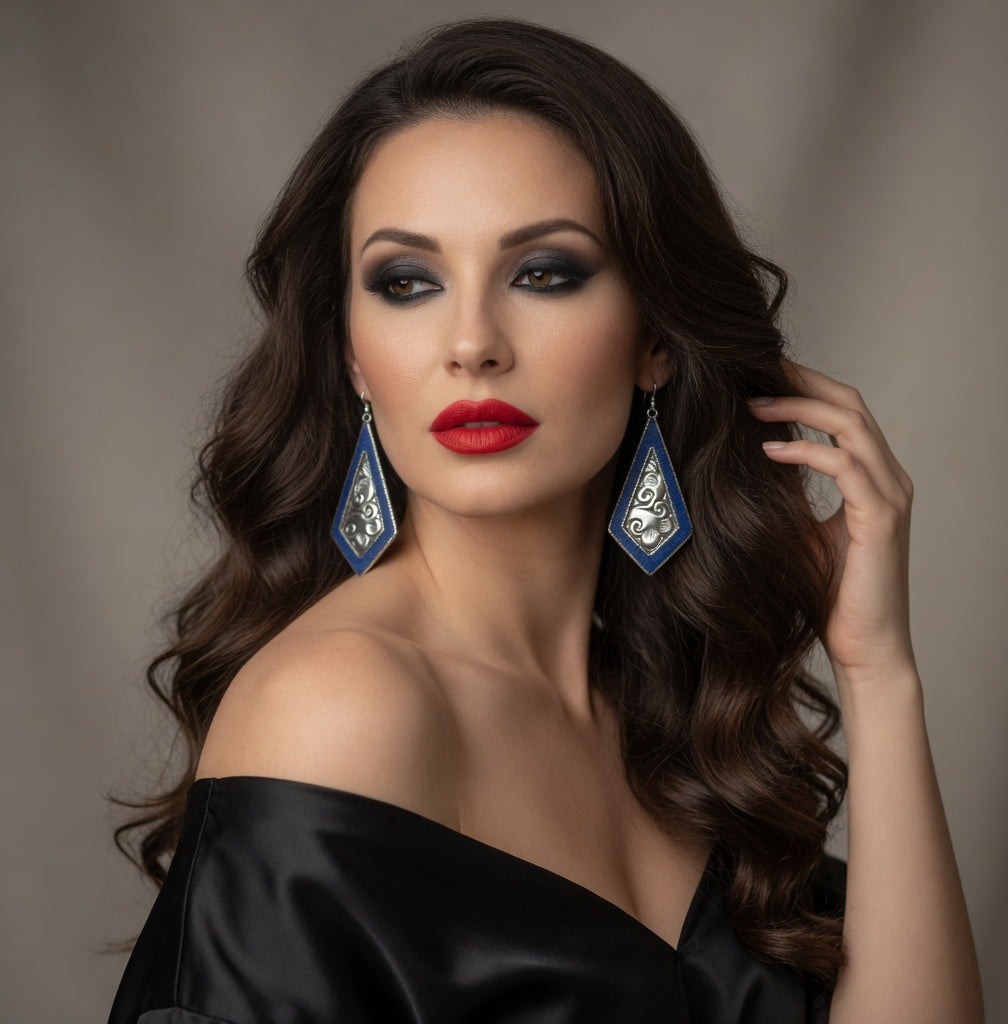Blue & Silver Embossed Drop Earrings