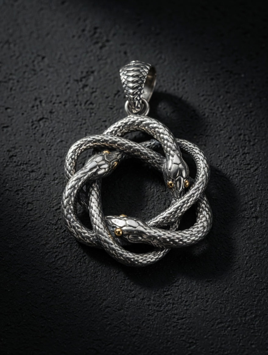 Sterling Silver Round Three Snakes Coiled Pendant With 18k Gold Accents