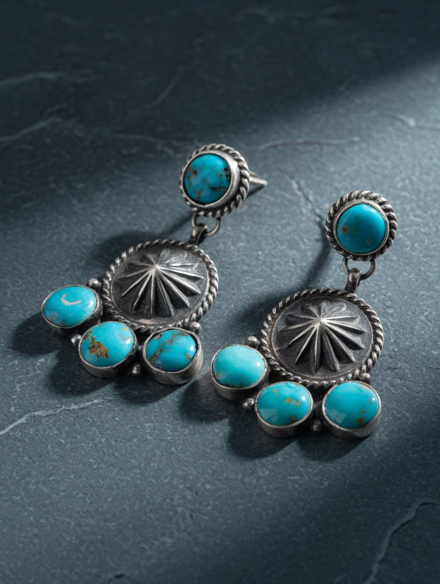 Southwestern Sunburst Turquoise Sterling Silver Dangle Earrings