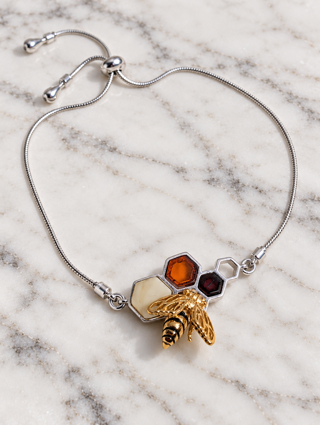 Handmade Bee Honeycomb Honey Cognac Cabochons & Sterling Silver Adjustable Stretch Bracelet
