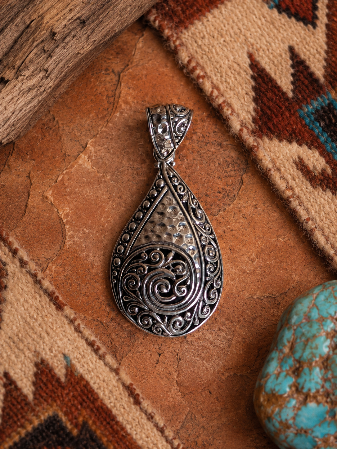 Sterling Silver Tear Drop Shaped Ornate Filigree Medallion Pendant