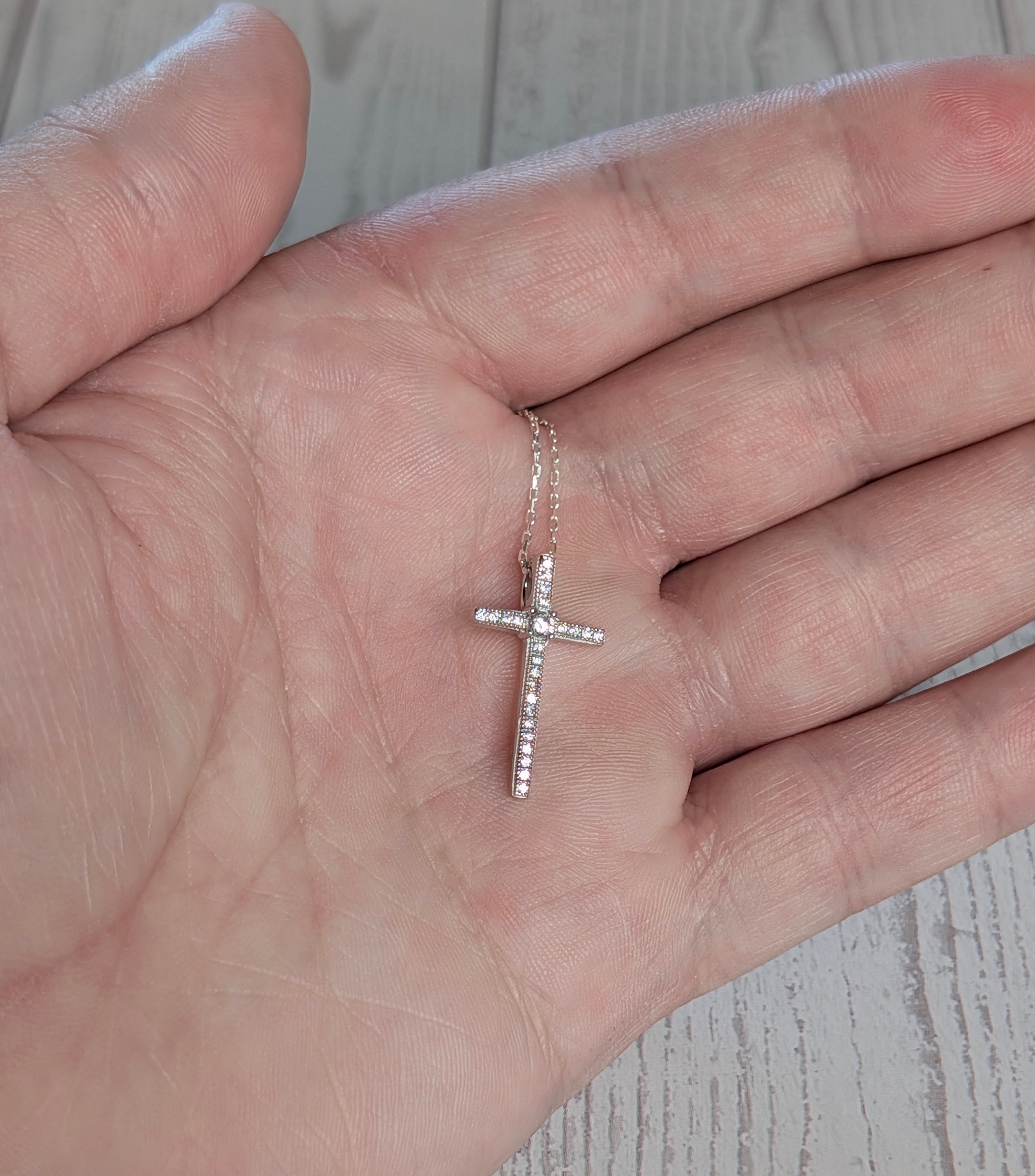 Sterling Silver CZ Simple Cross Pendant Necklace