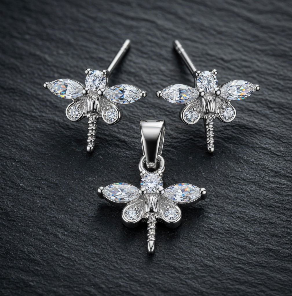 Sterling Silver CZ DragonFly Earrings & Pendant Jewelry Set